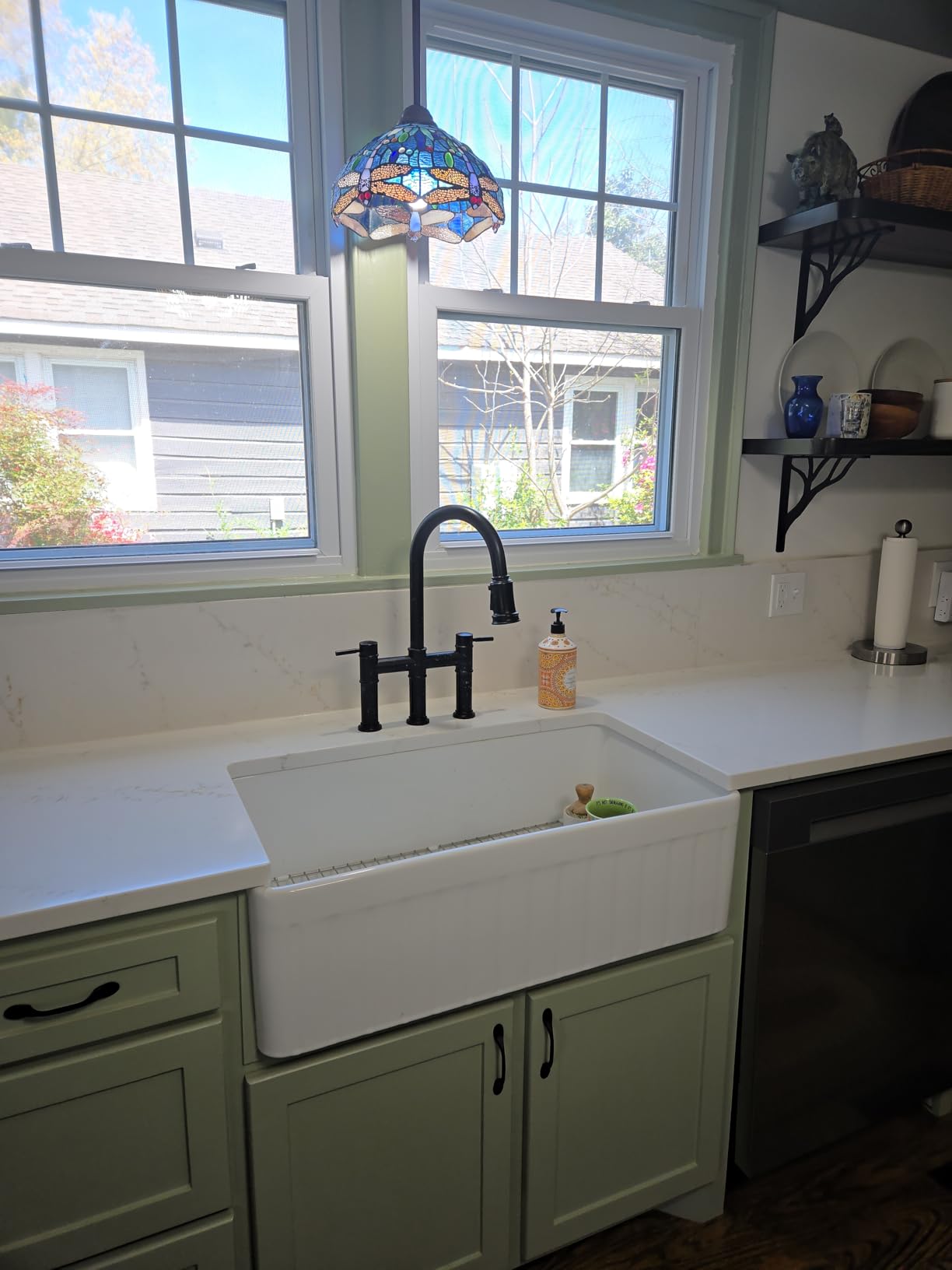 Bridge Faucet for Kitchen Sink: iVIGA Black Farmhouse 3 Hole Kitchen Faucet with Pull Down Sprayer (3 Spray Modes) - 2 Handle High Arc Brass Faucet with 360° Swivel, with Supply Lines - Customer Photo 1