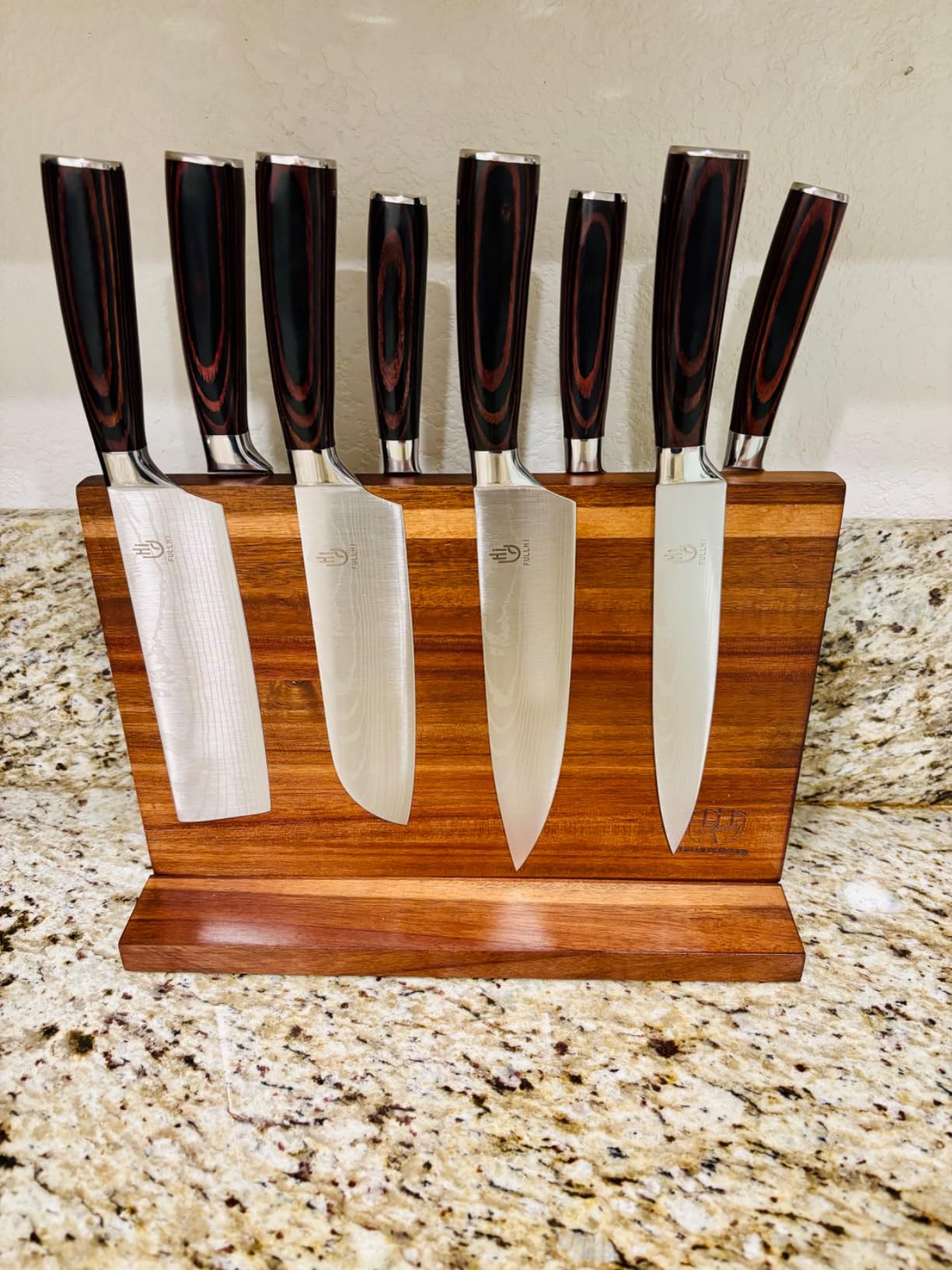 FULLHI 15pcs Japanese Knife Set with Magnetic Knife Block Holder, Japan Stainless Steel Blades, Ergonomic Handles for Professional and Home Cooking (Coffee wood, Magnetic Block Knife Set) - Customer Photo 1