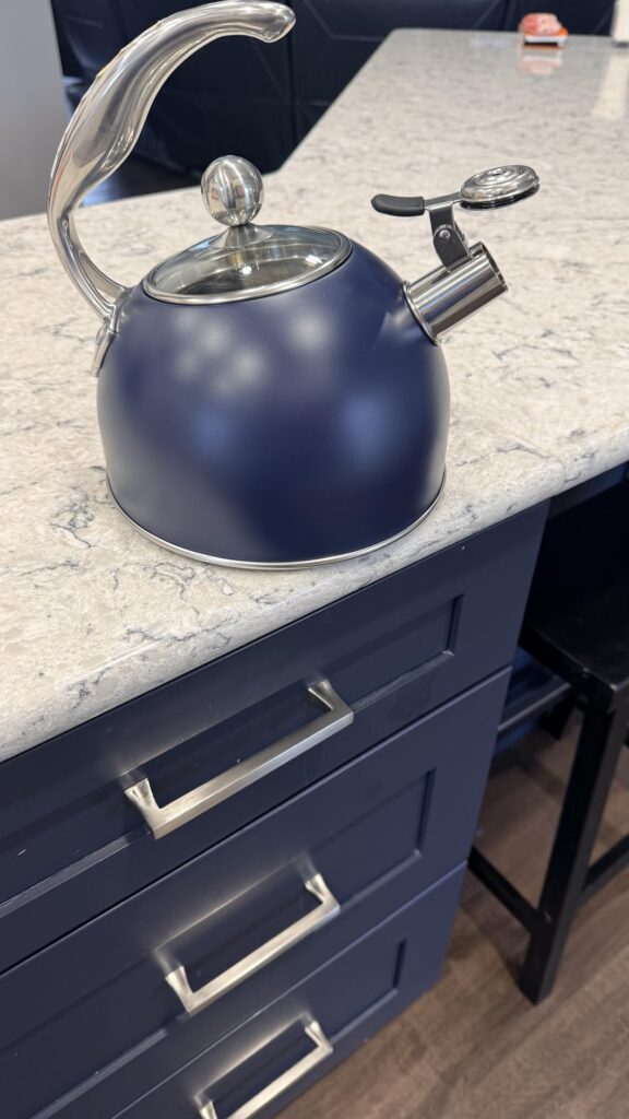 Viking 3-Ply Stainless Steel Tea Kettle, 2.6 Quart Stovetop Hot Water Pot with Tempered Glass Lid, Ergonomic Handle, Induction Ready, Slate and Blue Customer Review Best Stovetop Water Kettle