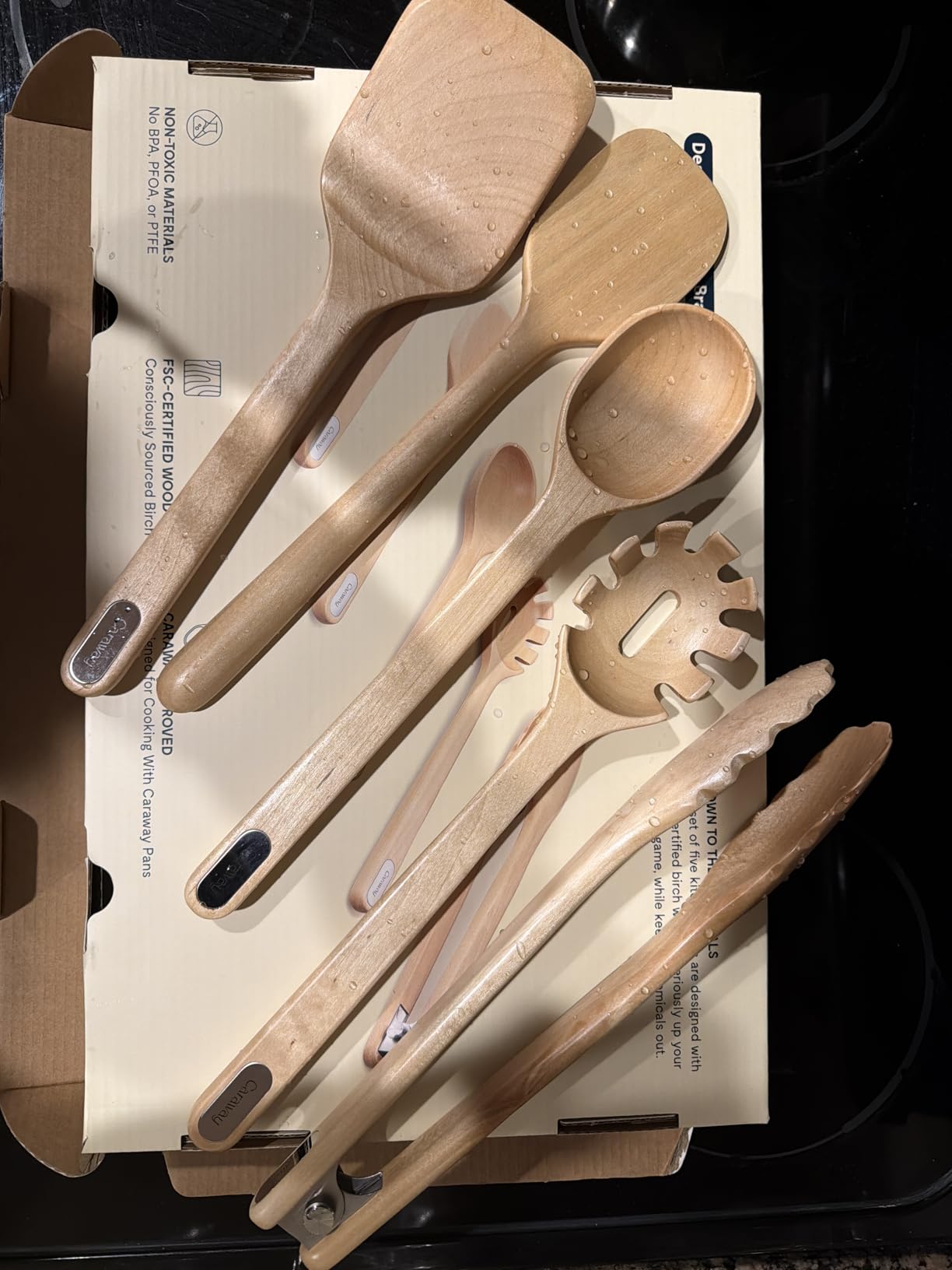 Caraway Wooden Utensil Set - 5 Piece Cooking Utensil Set - Spoon, Server, Scraper, Spatula, & Tongs - Made From FSC-Certified Birch Wood - No Microplastics - Customer Photo 1