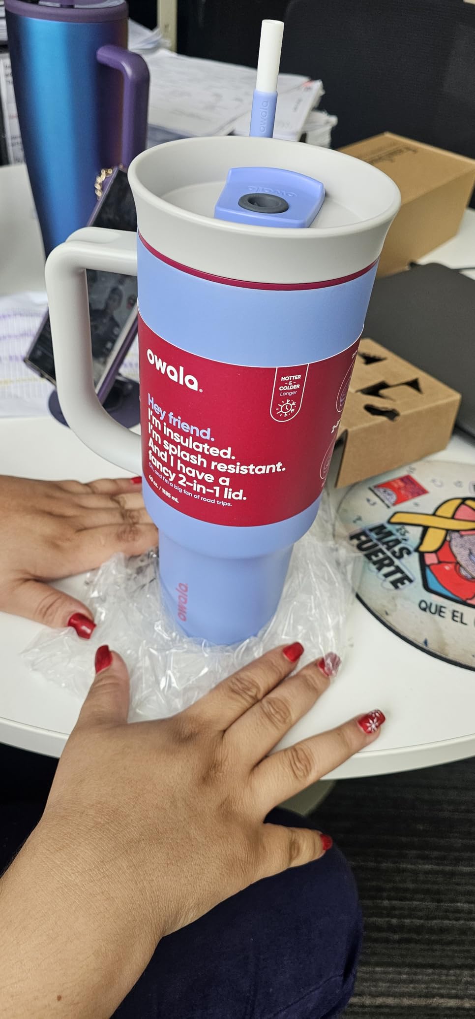 Owala Stainless Steel Triple Layer Insulated Travel Tumbler with Spill Resistant Lid and Straw, BPA Free, 24 oz, Grey/Blue (The Great Blue) - Customer Photo 2