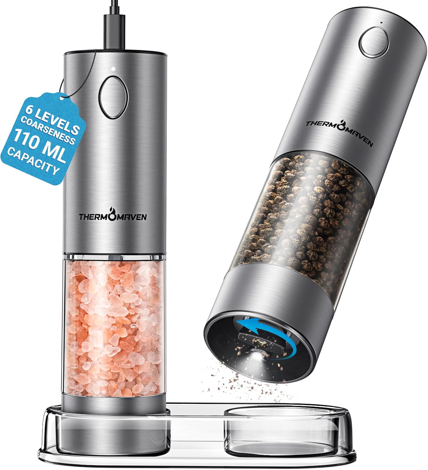 ThermoMaven Upgraded Larger Capacity Electric Salt and Pepper Grinder Set, 110ml Rechargeable Salt and Pepper Shaker with LED Light, Stainless Steel Automatic Pepper Mill with 6 Adjustable Coarseness customer photo 1