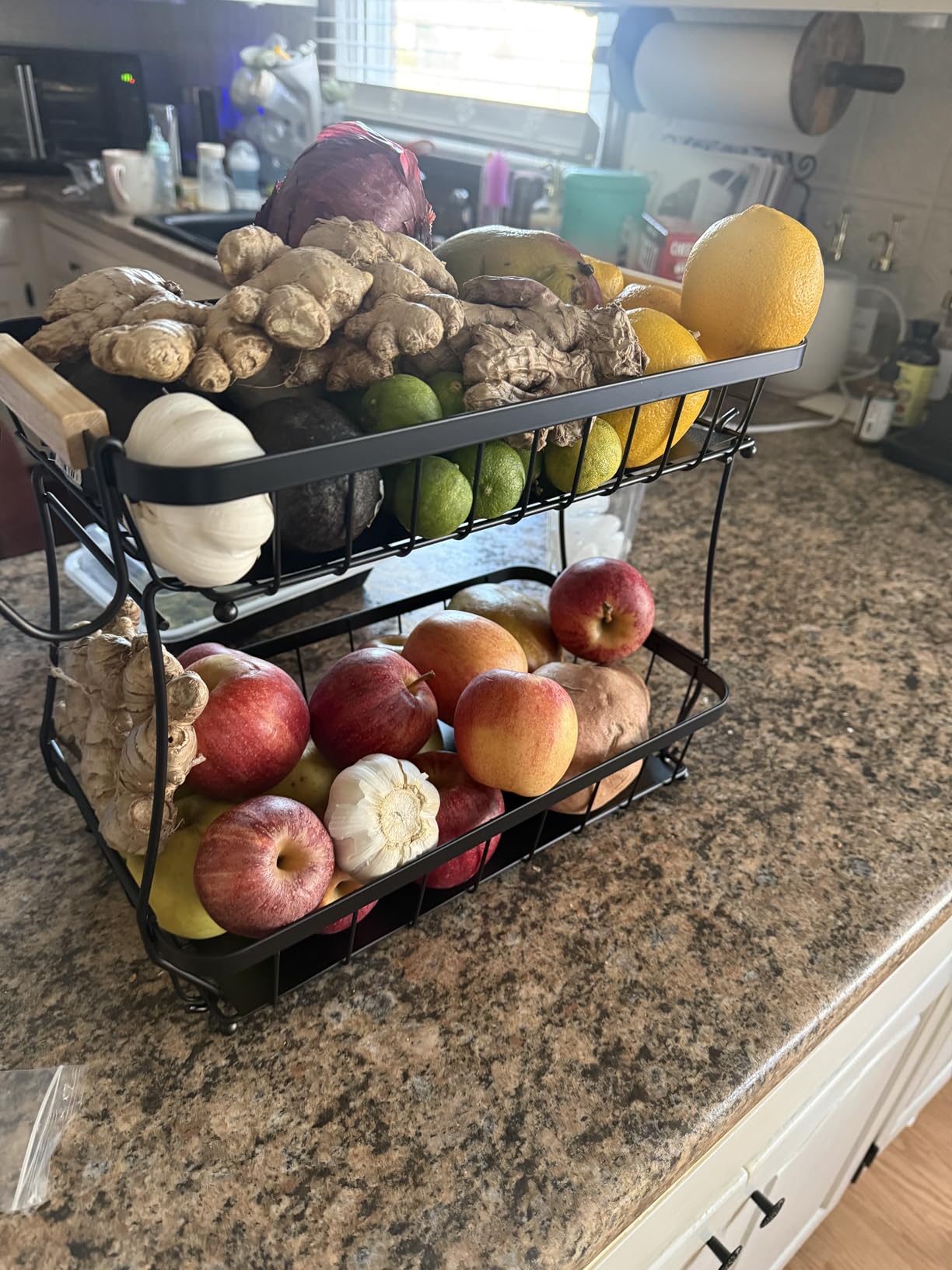 Sevenblue 2 Tier Large Fruit Basket for Kitchen Counter with 2 Mobile Banana Hangers, 2026 Pro Detachable Metal Fruit Bowl with Wooden Handle, Fruit Holder for Bread Snack Veggies with Protective Mats customer photo 2