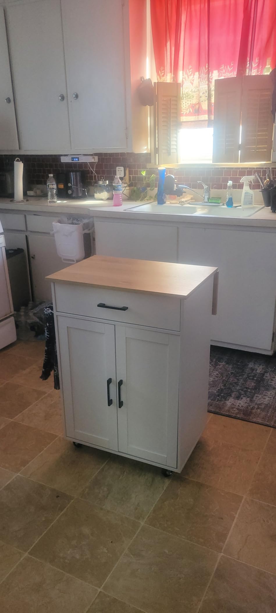 Kitchen Island on Wheels with Drop Leaf, Folding Countertop Kitchen Island Cart, Kitchen Island Table with Towel Rack, Drawer, for Kitchen, Dining Room, White and Natural KINW12501 - Customer Photo 1