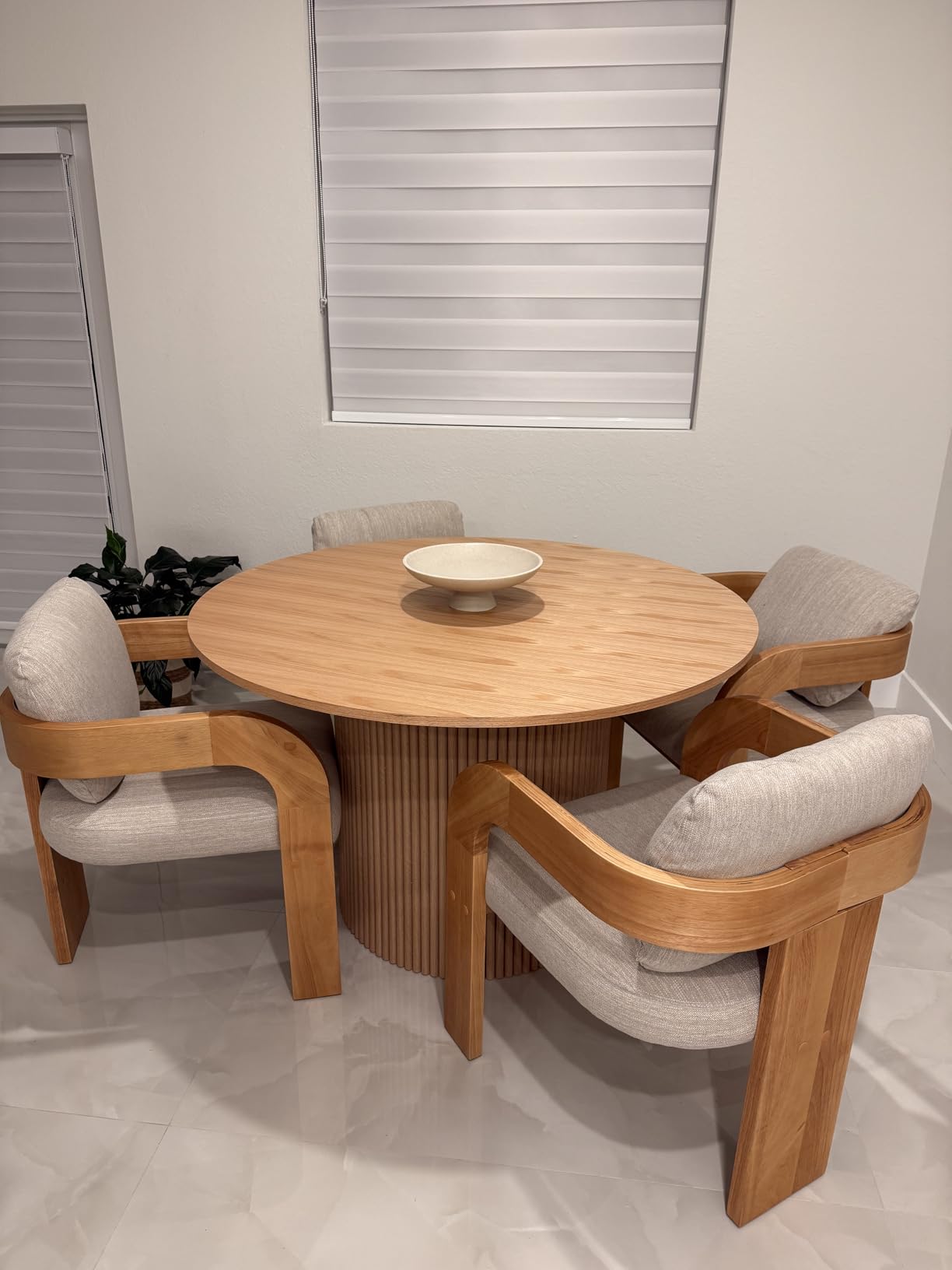 47 inch Round Dining Table for 4, Modern Farmhouse Kitchen Table, Circle Dining Table with Wood Strip Base, Kitchen & Dining Room Table, Oak Wood Veneer Tabletop - Customer Photo 4