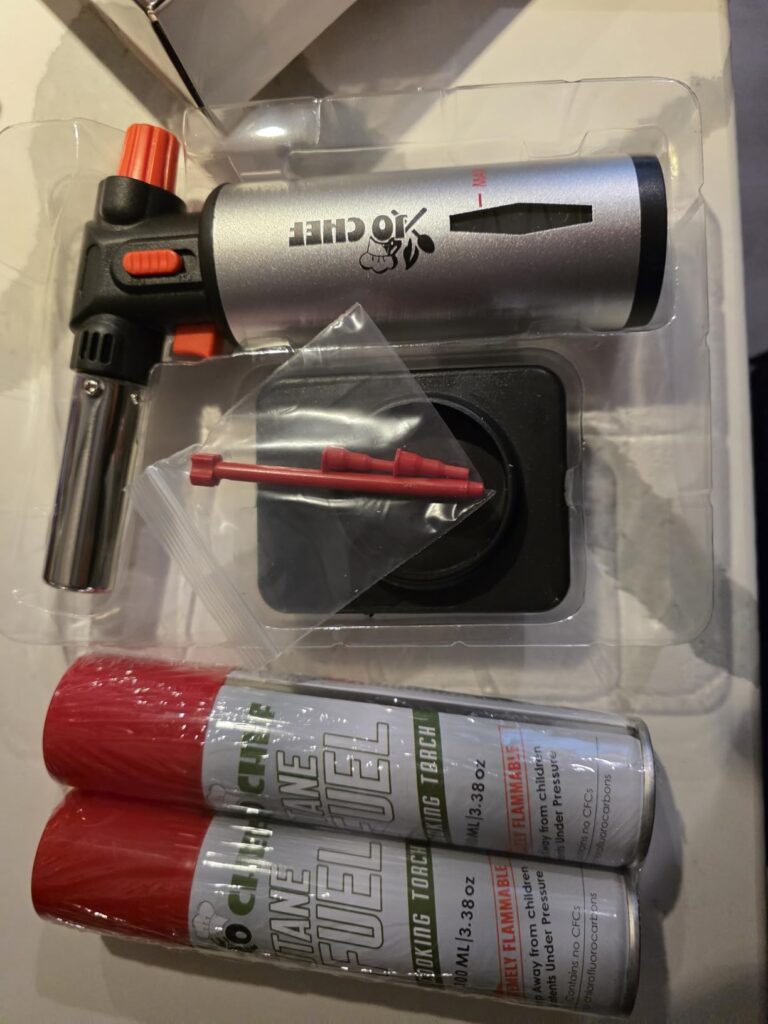 Jo Chef Kitchen Torch with Butane Included – Refillable butane torch Lighter with Safety Lock & Adjustable Flame, Culinary Blow Torch for Cooking, Creme Brulee and Soldering 2 Cans (3.38oz) Included Customer Review Best Torch For Creme Brulee