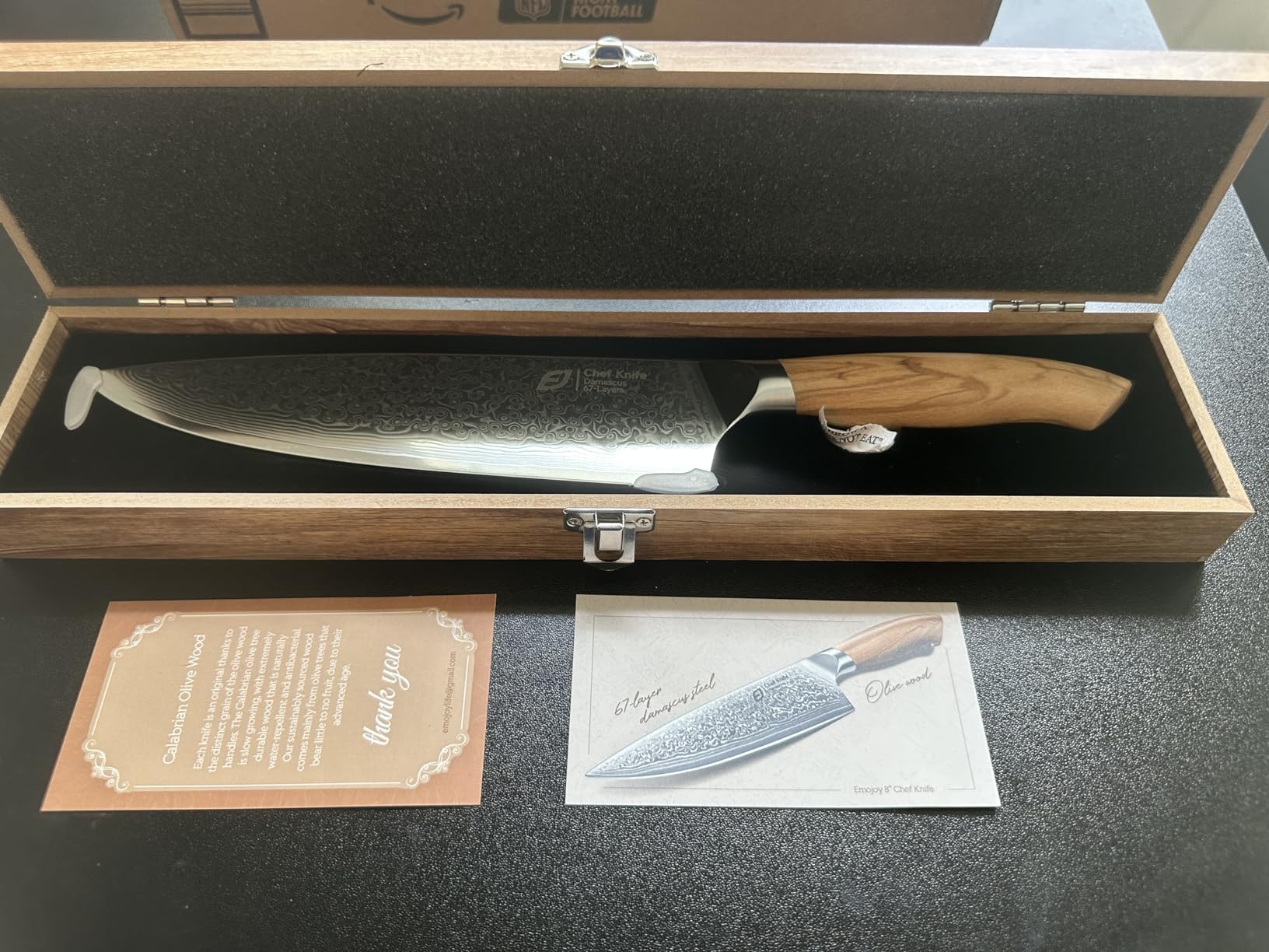 Emojoy Damascus Kitchen Knife Set, 3 PCS Japanese Chef Knife Set, 67-Layers Damascus Knife with Original Olive Wood Handle, Include Wooden Gift Box - Customer Photo 1