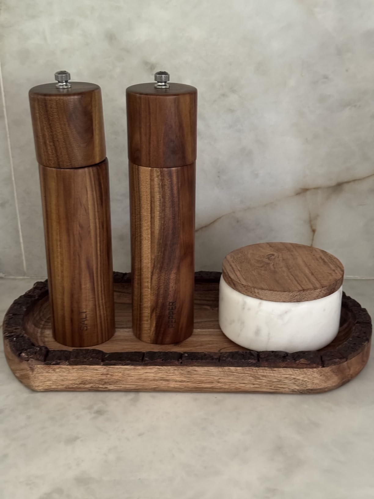 2 Pack Acacia Wooden Salt and Pepper Grinder Set 8 Inches Refillable Salt and Pepper Mills Adjustable Coarseness, Acacia Wood with Ceramic Core Peppercorn Shaker Tableware Birthday Gifts - Customer Photo 1