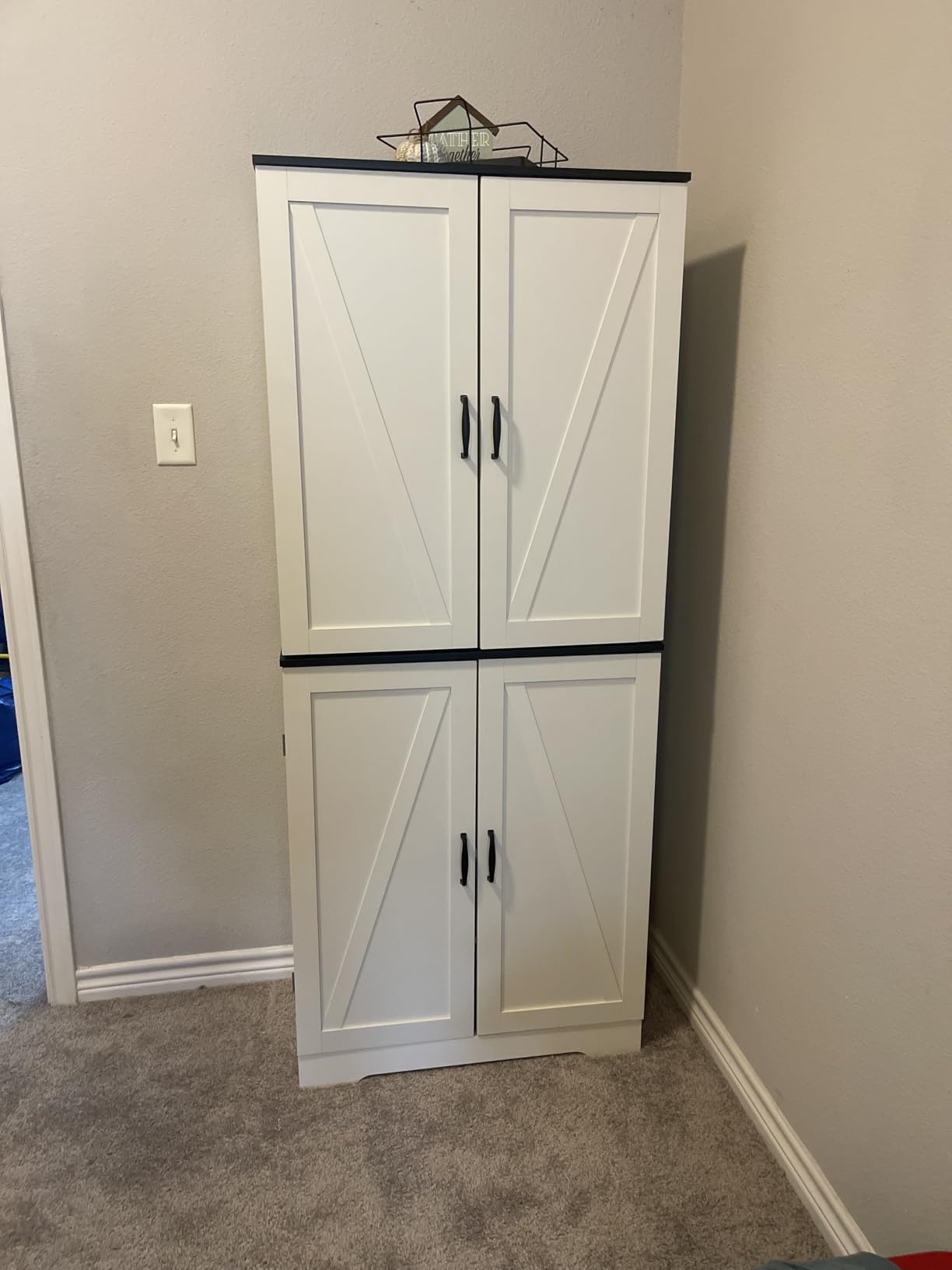 Vongrasig Kitchen Pantry Storage Cabinet with Barn Doors, Drawer and Adjustable Shelves, 6-Tier Tall Rustic Wood Cupboard Locker for Kitchen, Dining Room, Living Room, Bathroom, (White) - Customer Photo 1