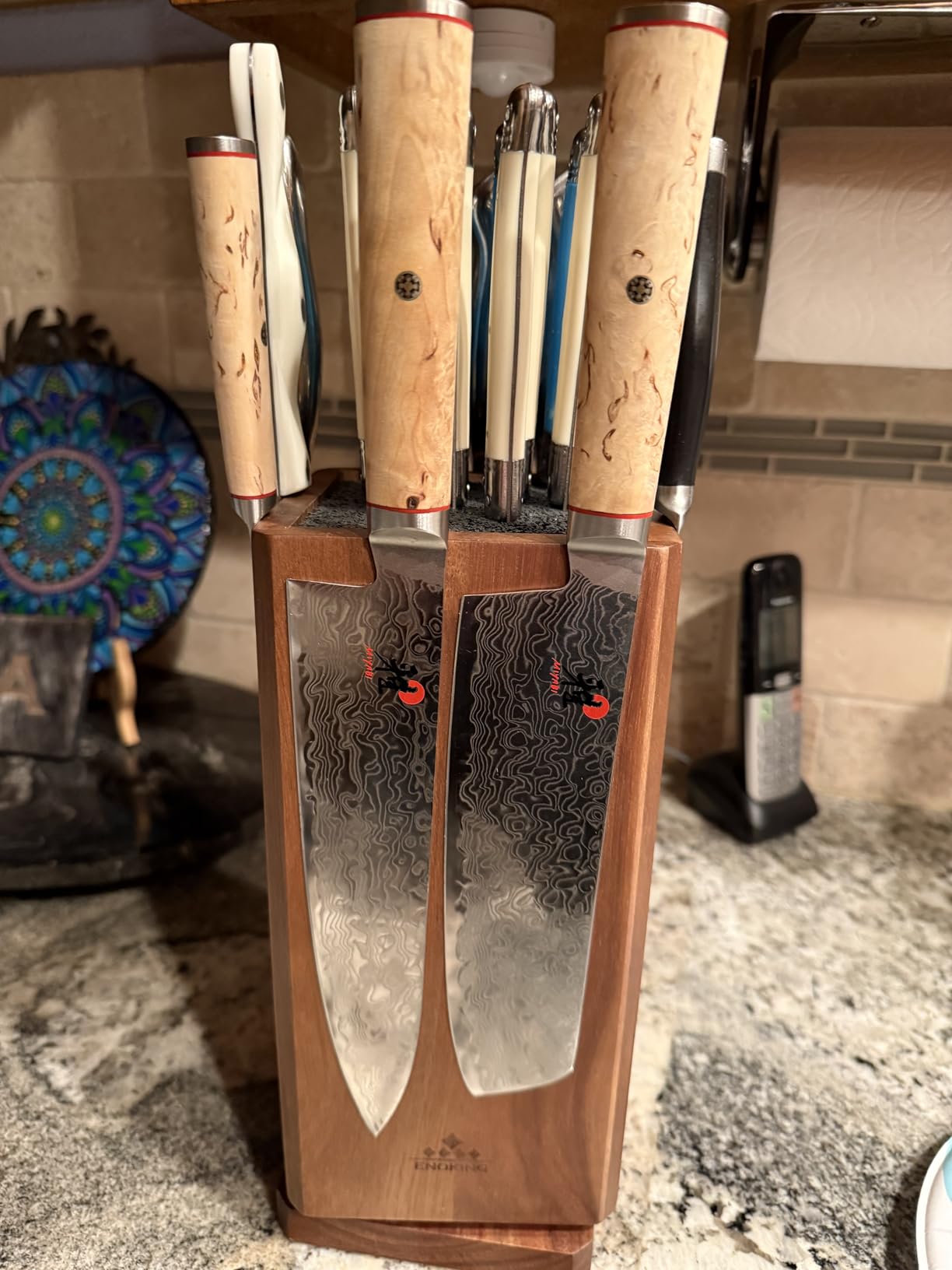 360 Degree Rotating Magnetic Knife Block without Knivies, Acacia Wood Knife Holder with Removable Bristles, Large Capacity Knife Storage Organizer for Kitchen Countertop - Customer Photo 1