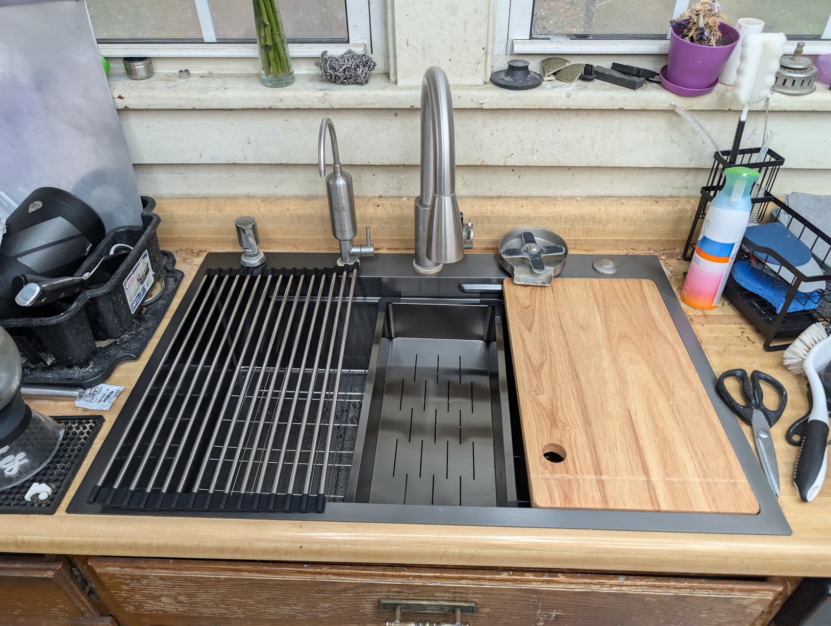 33X22 Drop In Kitchen Sink, Nano 304 Stainless Steel Workstation Sink, Pop-Up Drain, Upgraded Fast Drain & Anti-Clog, Topmount Single Bowl with Accessories, Foldable Grid, black sink - Customer Photo 5
