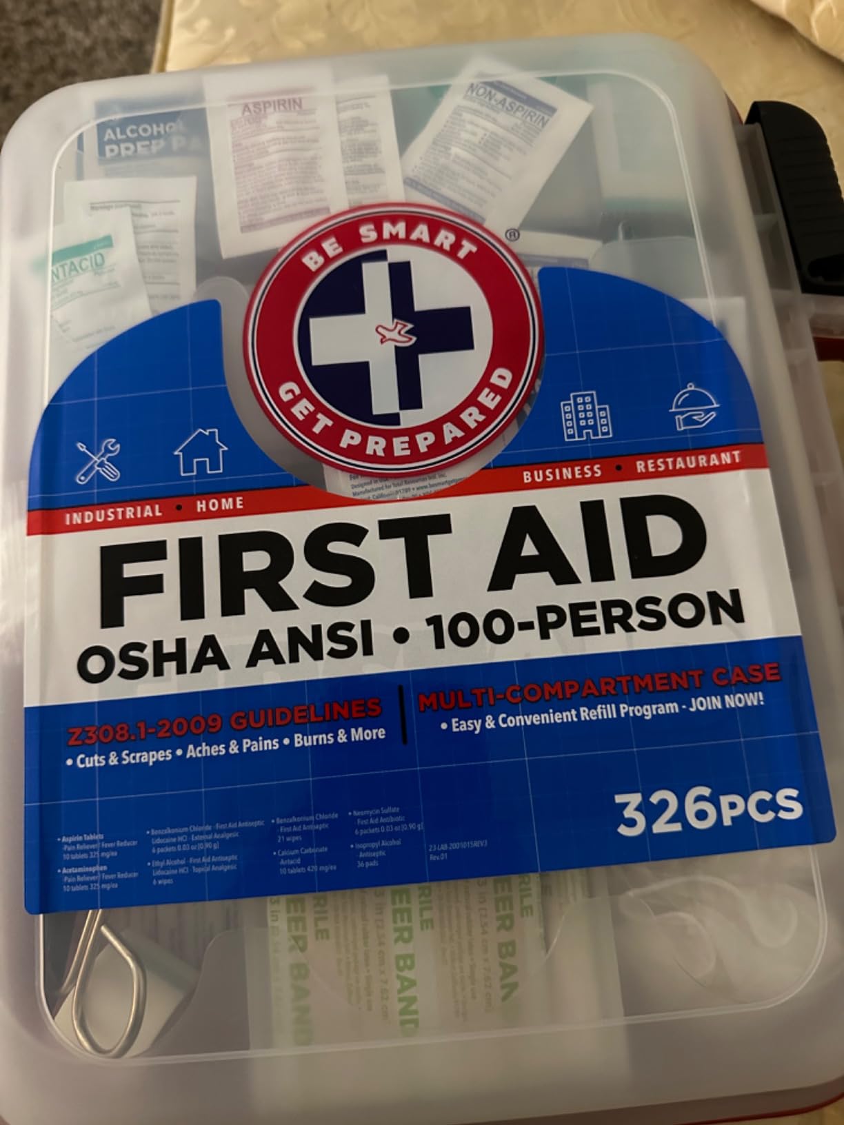 Be Smart Get Prepared First Aid Kit Hard Red Case 326 Pieces Exceeds OSHA and ANSI Guidelines 100 People - Office, Home, Car, School, Emergency, Survival, Camping, Hunting and Sports (20HBC01015REV3) customer photo 1