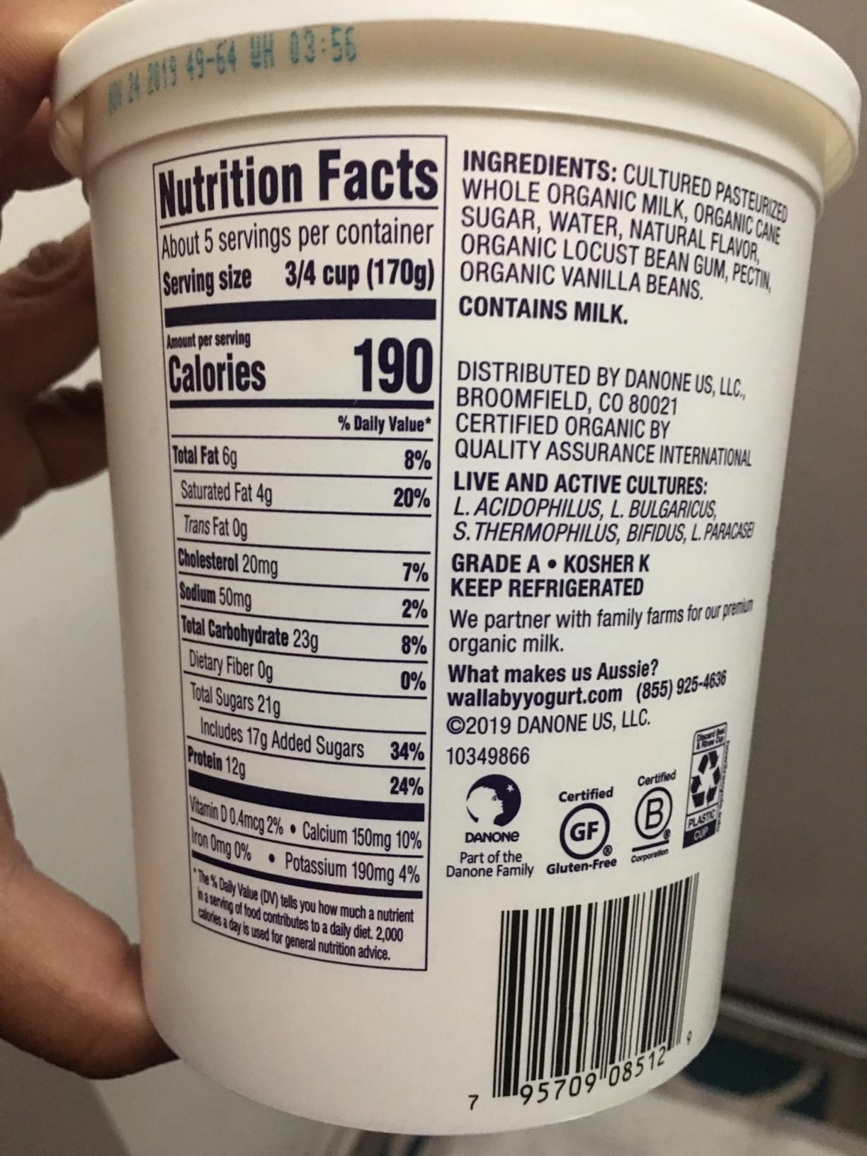 Wallaby Organic Aussie Greek Whole Milk Yogurt, Vanilla Bean, 32 oz. USDA Organic customer photo 2