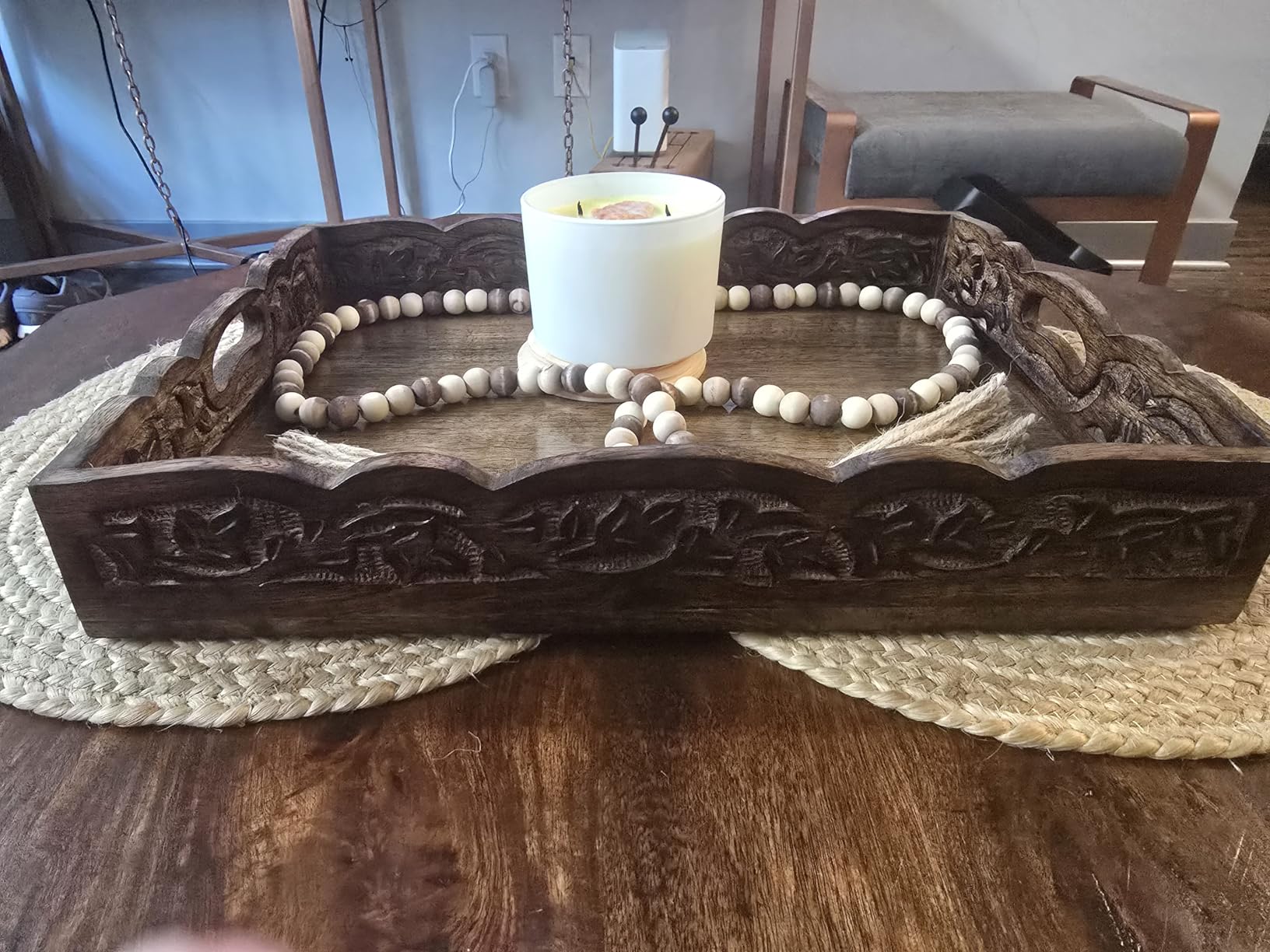 Hand Carved Wooden Serving Tray - Decorative Breakfast Tray with Handles - Rustic Wooden Food Tray with Intricate Detail - Unique Furnishing Accent - Natural Finish - 17 x 13 x 2.5 Inch - COTTON CRAFT customer photo 1