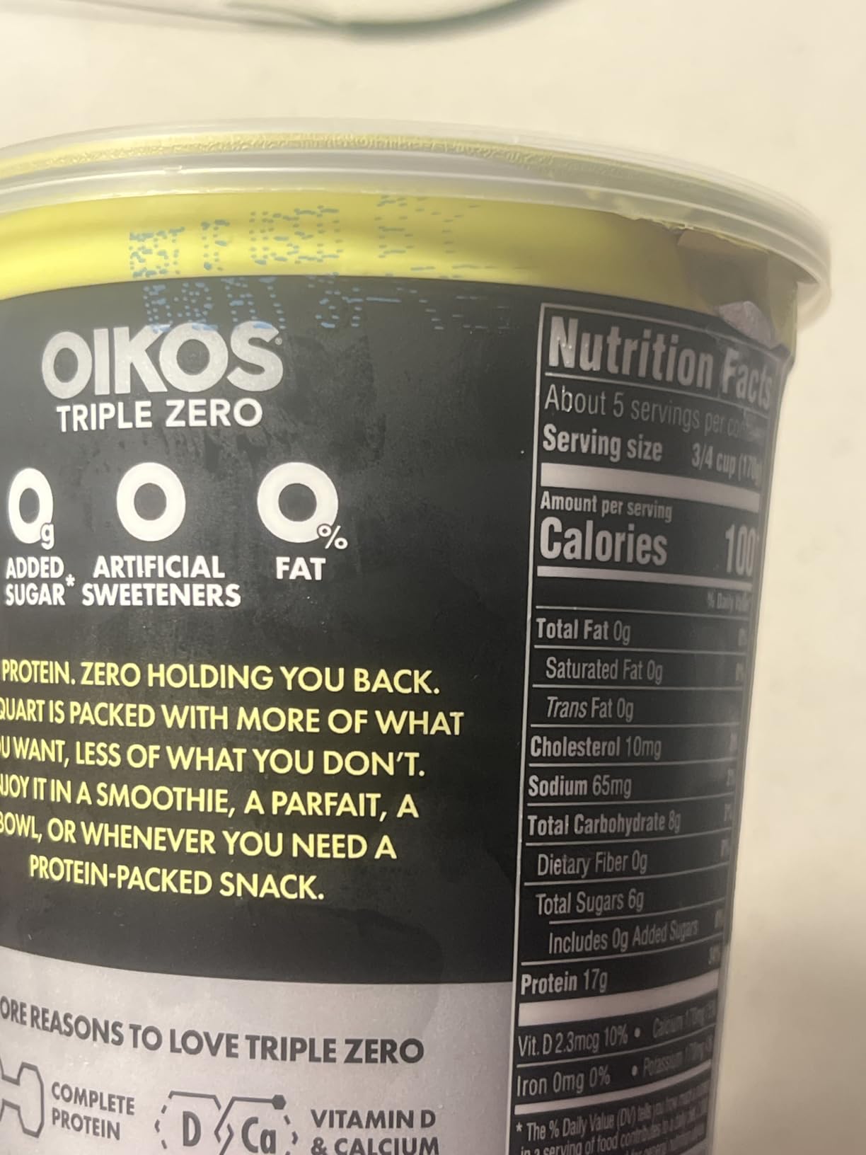Oikos Triple Zero Vanilla Nonfat Greek Yogurt Tub, 0% Fat, 0g Added Sugar and 0 Artificial Sweeteners, 32 OZ customer photo 2