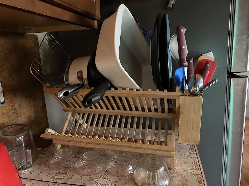 HBlife Dish Rack, Bamboo Folding 2-Tier Collapsible Drainer Dish Drying Rack with Utensils Flatware Holder Set (Dish Rack with Utensil Holder) customer photo 1