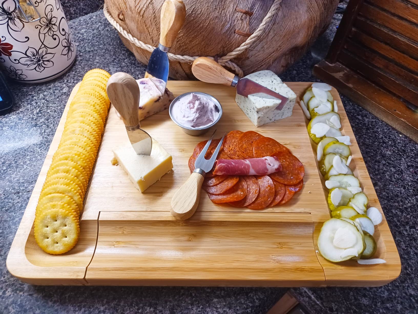 Bamboo Cheese Board and Knife Set - Beautiful Charcuterie Board for Wine, Cheese, and Gifts customer photo 1