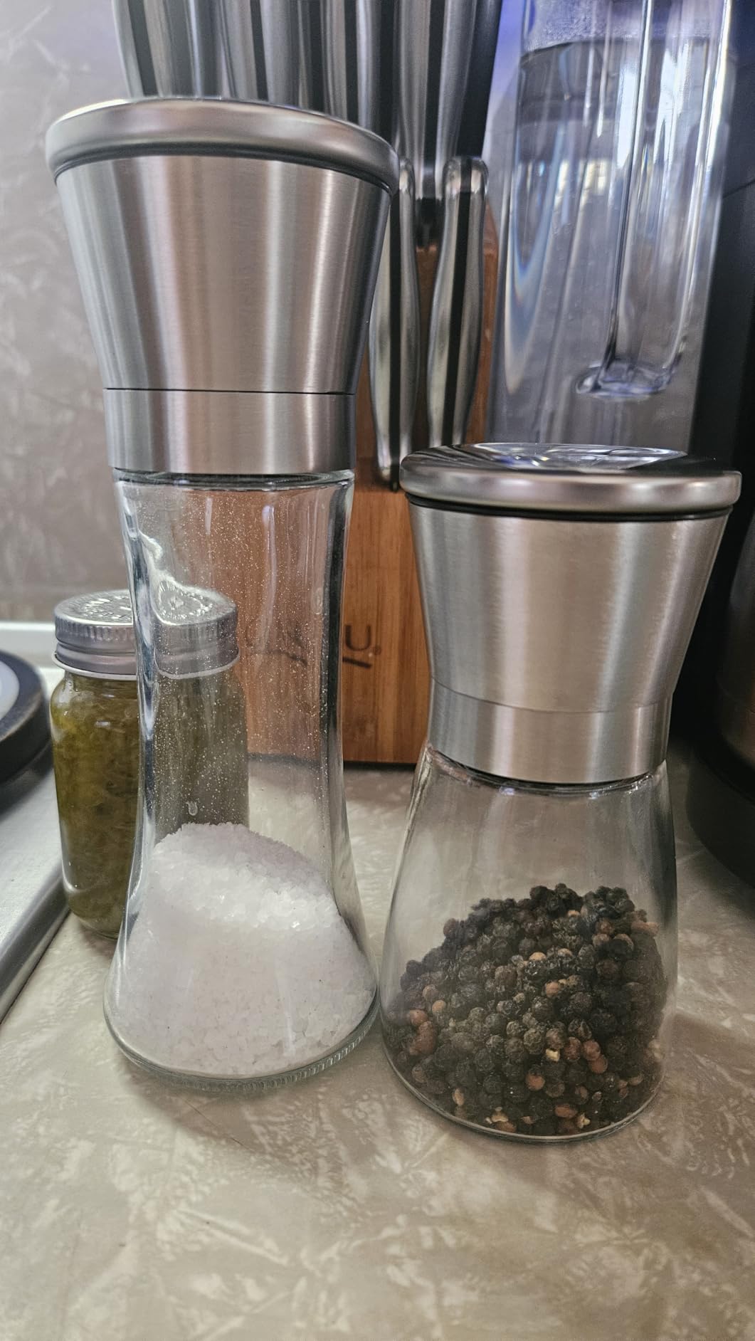 Home EC Original Stainless Steel Sea Salt and Pepper Grinder Set of 2 - Adjustable Ceramic - Glass Salt and Pepper Shakers - Kitchen Pepper Mill & Salt Mill W/Funnel & EBook customer photo 1