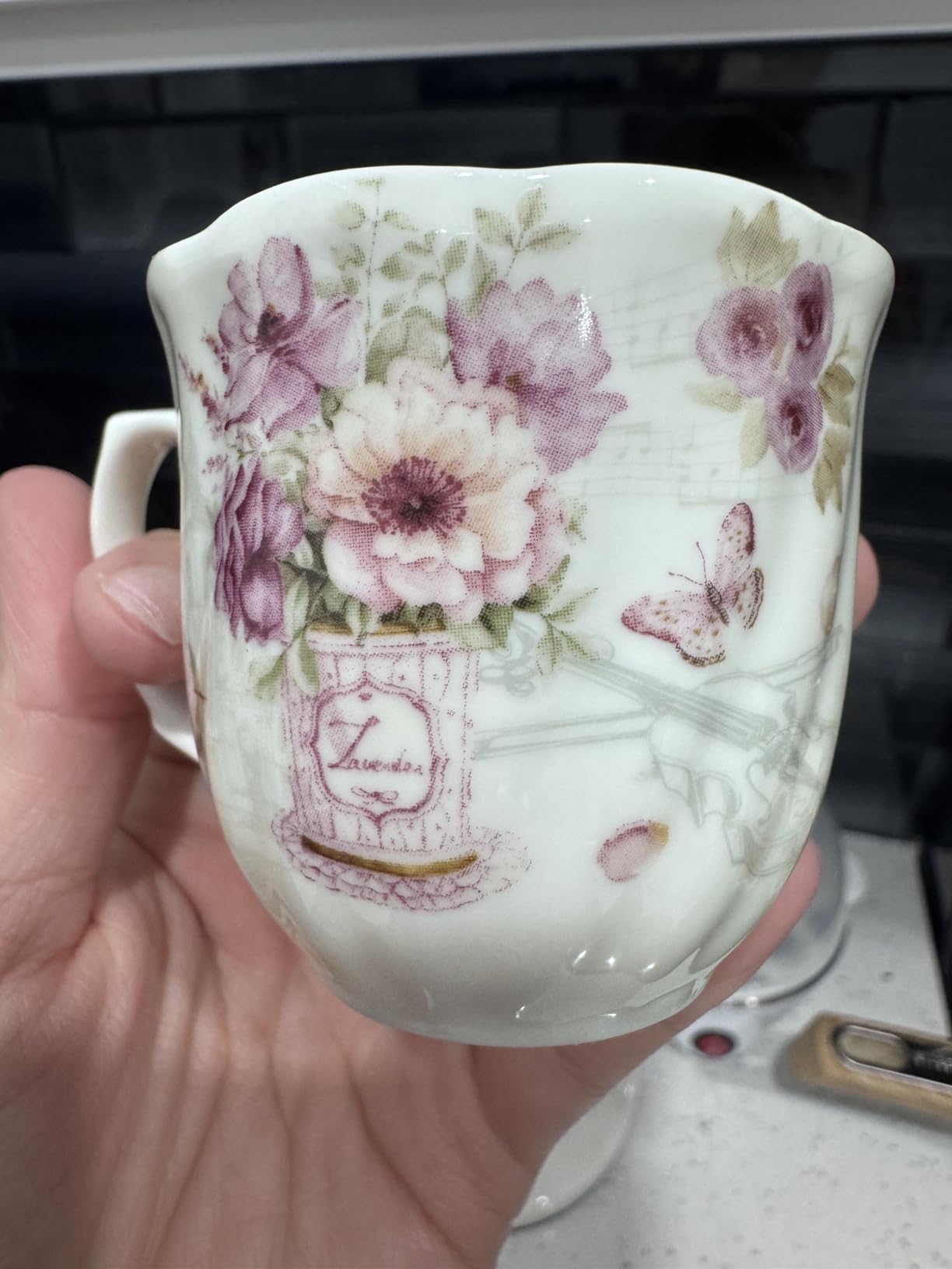 GuangYang 2.5 oz Porcelain Espresso Cups and Saucers Set - Floral Design, Purple Pattern - Gift-Ready, Elegant Mini Coffee Set of 6 for Home or Gifting customer photo 2