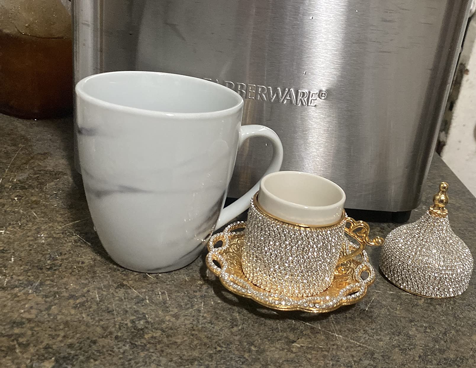 DEMMEX Turkish Coffee & Espresso Cup, Fancy Turkish Greek Arabic Coffee Cup with Inner Porcelain, Metal Holder, Saucer and Lid, Handmade with Crystals, 2 Oz - 60ml (Gold with Crystals) customer photo 1
