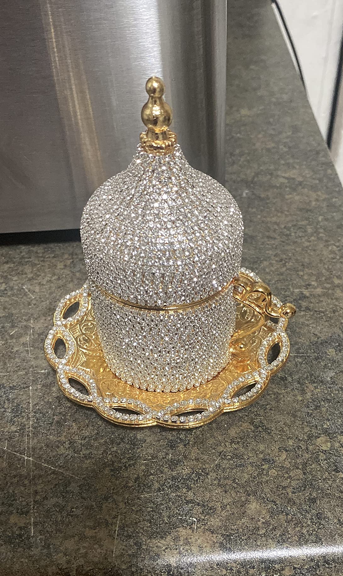 DEMMEX Turkish Coffee & Espresso Cup, Fancy Turkish Greek Arabic Coffee Cup with Inner Porcelain, Metal Holder, Saucer and Lid, Handmade with Crystals, 2 Oz - 60ml (Gold with Crystals) customer photo 2
