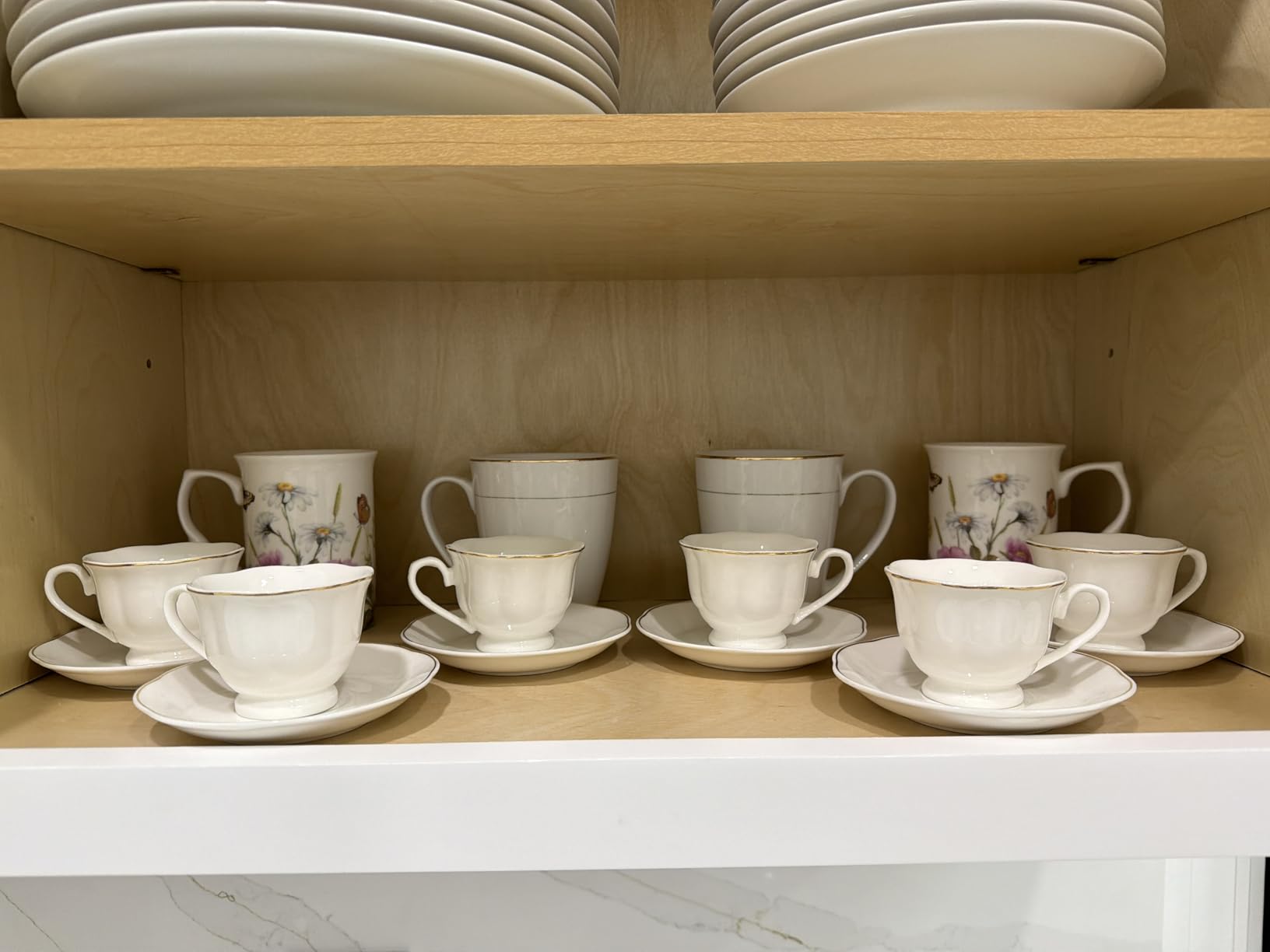 Guangyang 12 pieces Fine Porcelain 2.5oz Cups and Saucers set of 6 Turkish Coffee Cup set for Double Espresso White Color with Gold Trim customer photo 1