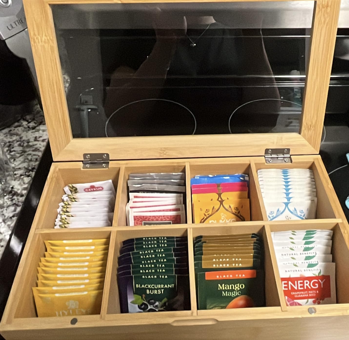 RoyalHouse Big Natural Bamboo Tea Storage Organizer with Clear Acrylic Top Window, 8 Compartments Eco-Friendly Tea Bag Holder, Multi-Functional Storage Box customer photo 1