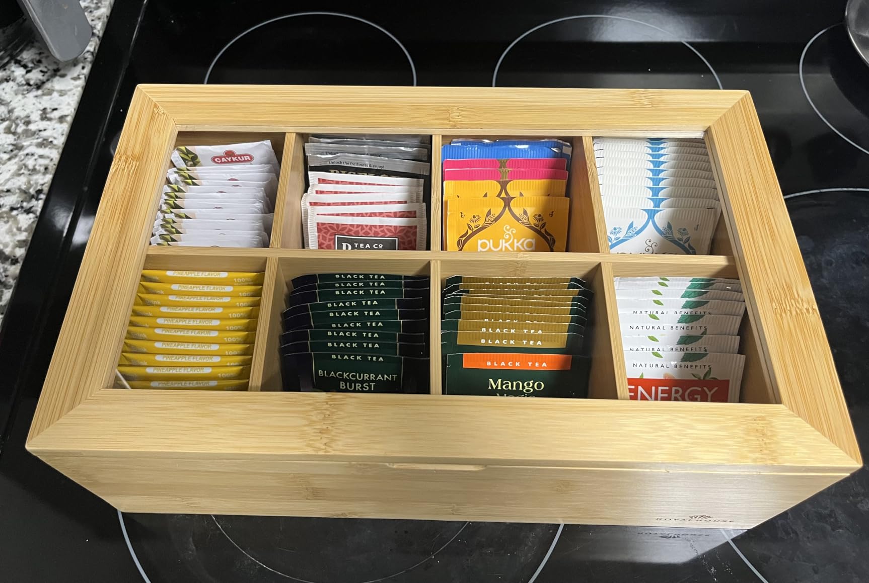 RoyalHouse Big Natural Bamboo Tea Storage Organizer with Clear Acrylic Top Window, 8 Compartments Eco-Friendly Tea Bag Holder, Multi-Functional Storage Box customer photo 2