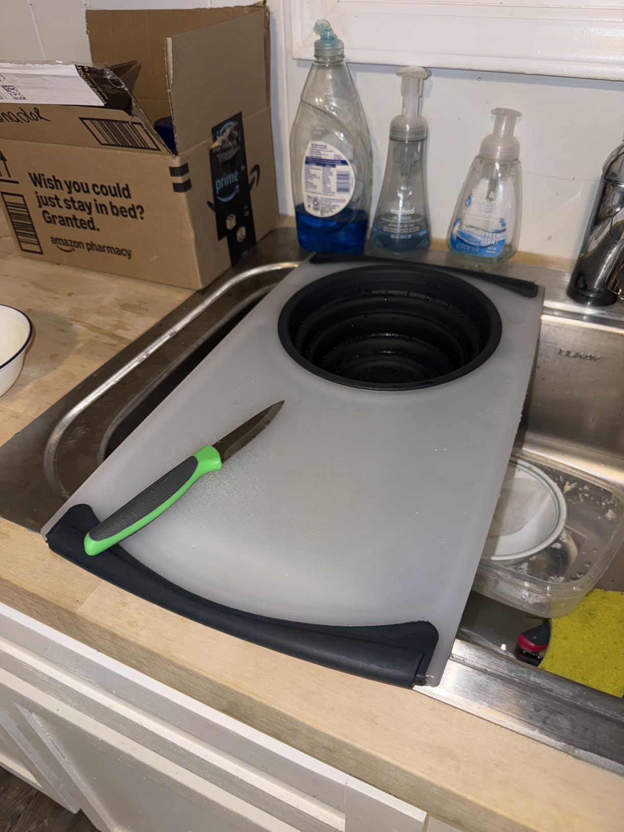 Dexas Over the Sink Poly Cutting Board with Collapsible Colander Strainer, 11.5 x 20