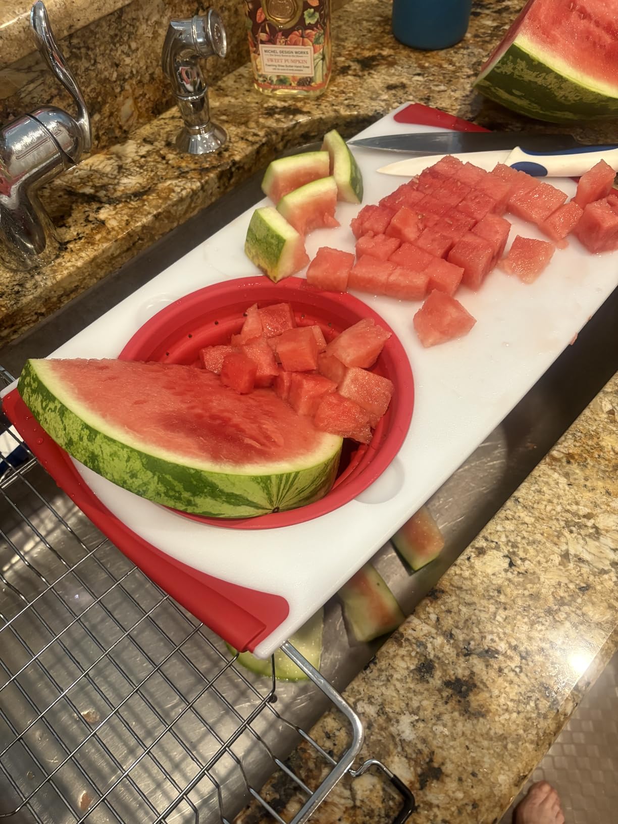 Dexas Over the Sink Poly Cutting Board with Collapsible Colander Strainer, 11.5 x 20