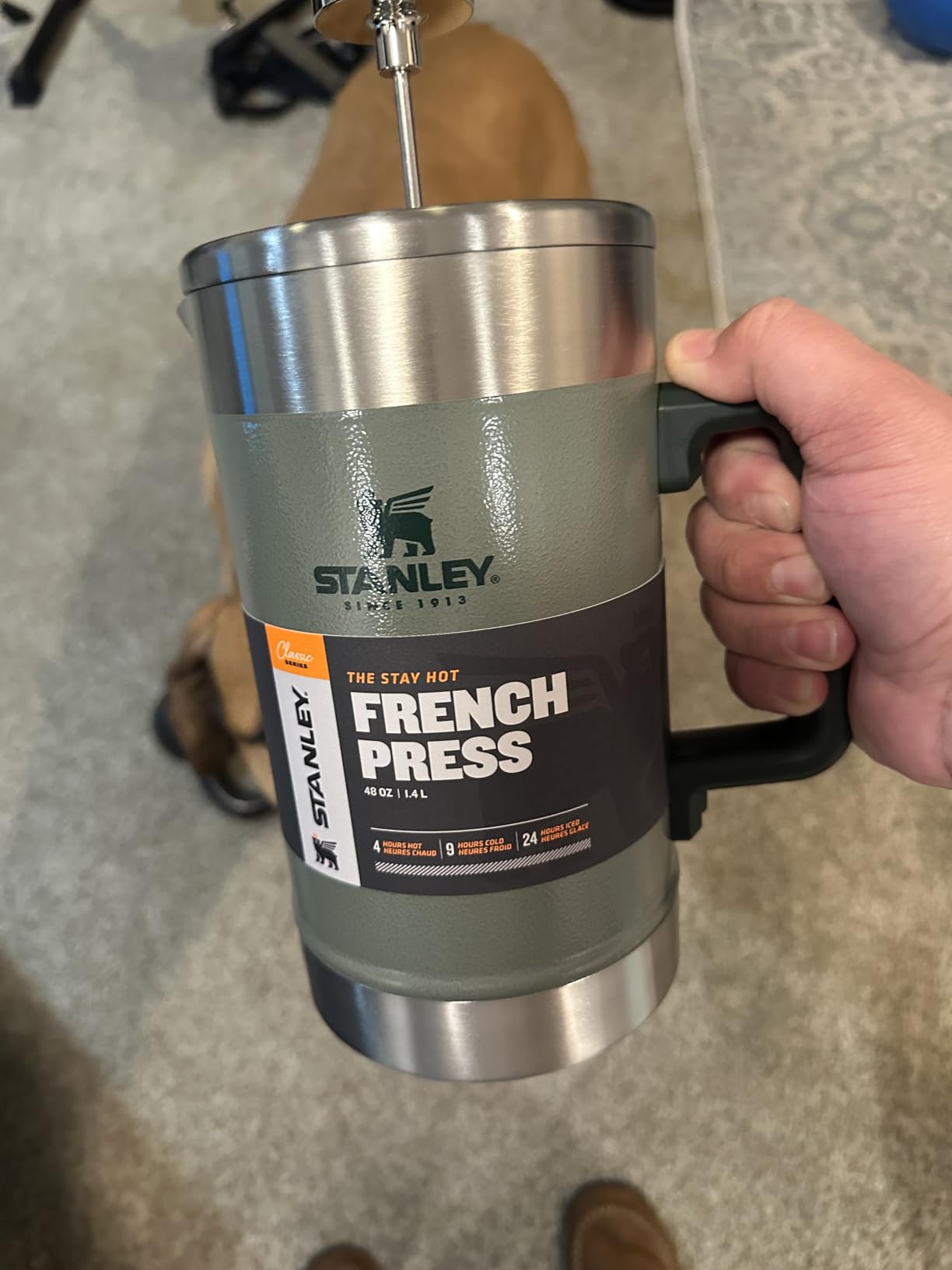 STANLEY Classic Stay-Hot French Press Coffee Maker 48 oz | 5 Minute Brew, 4 Hours Hot | Mesh Filter for Coffee Grounds | Insulated Stainless Steel French Press | BPA-Free | Hammertone Green customer photo 1