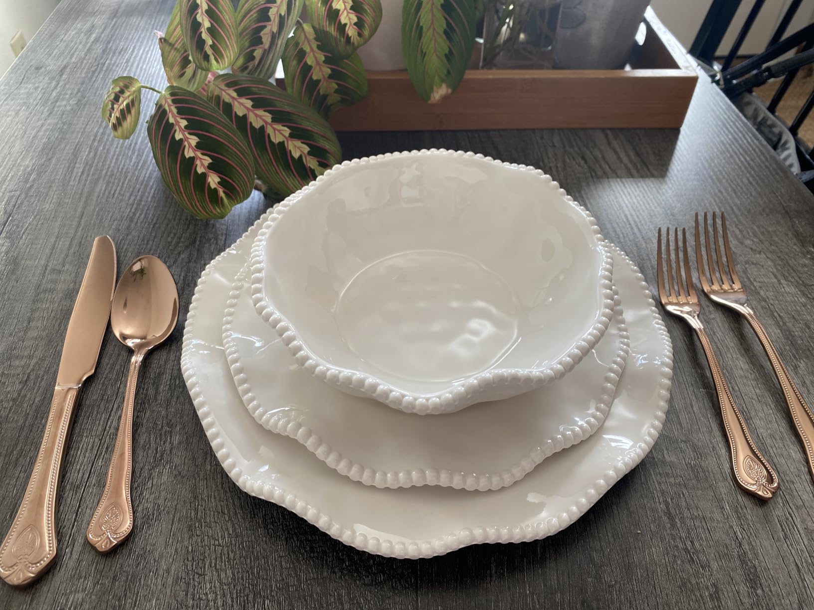 Perlette Off-White Beaded 12-Piece Dinnerware Set - Includes 4 Dinner Plates, 4 Salad Plates, 4 Bowls - Elegant Unbreakable Melamine, Heavyweight, Perfect for Indoor/Outdoor Dining customer photo 1