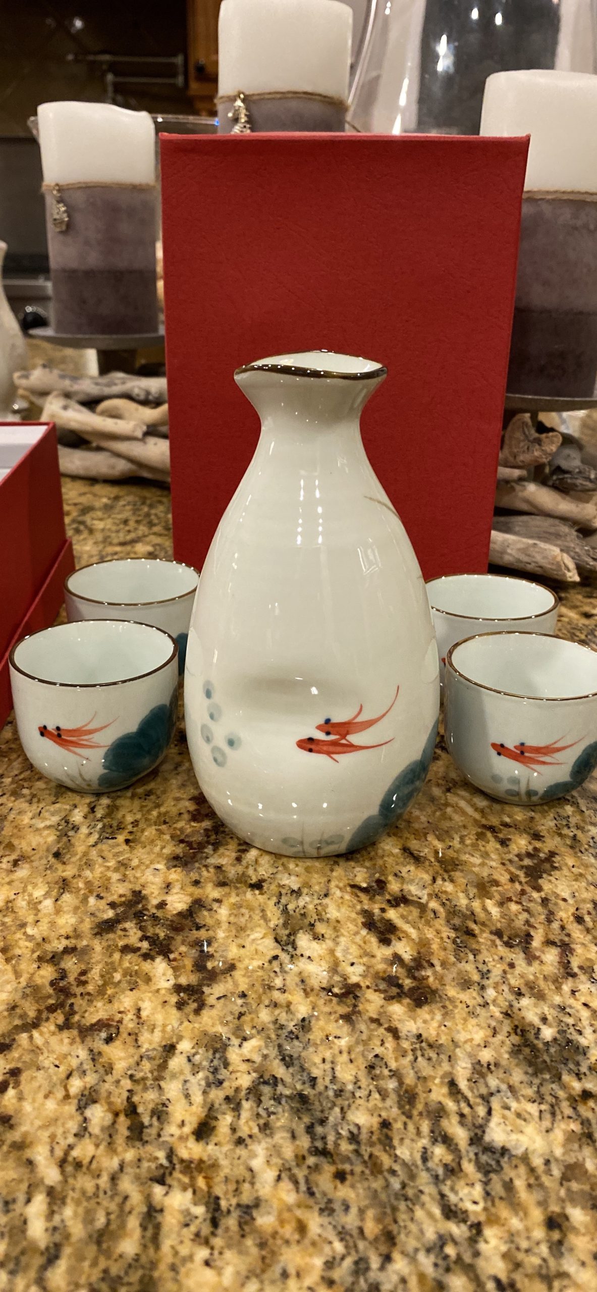 Old Craftsmen's Japanese Sake Set 5 Pieces Traditional Sake Cup Set 4 Sake Cups 50ml and Sake Bottle 350ml Hand Painted Design Porcelain Pottery Ceramic Soju Cups Saki Glasses (Gold Fish) customer photo 1