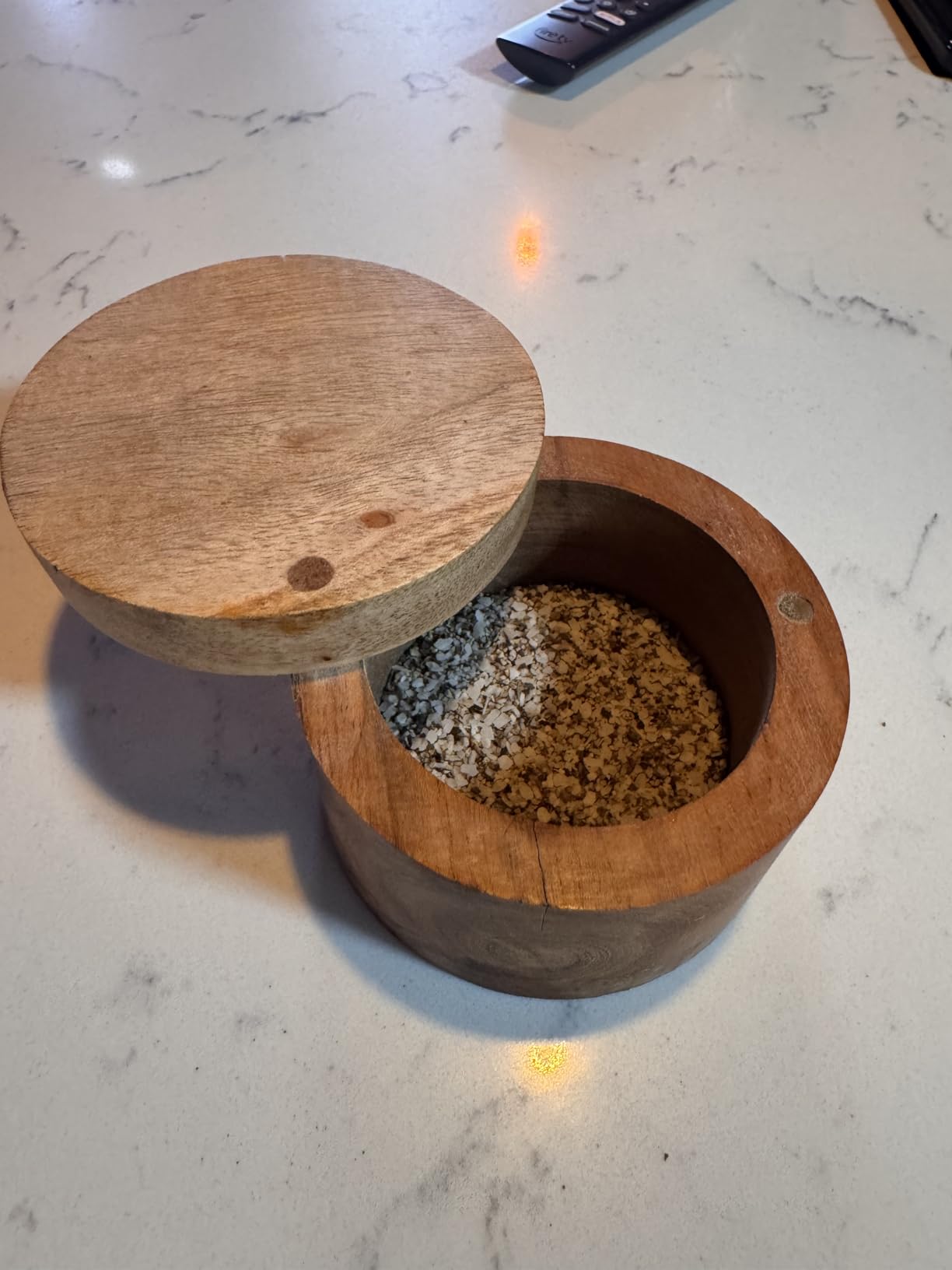 Kaizen Casa Acacia Wood Salt or Spice Box with Swivel Cover perfect for keeping table salt, gourmet salts, herbs or favorite seasonings, close at hand on your countertop. customer photo 2