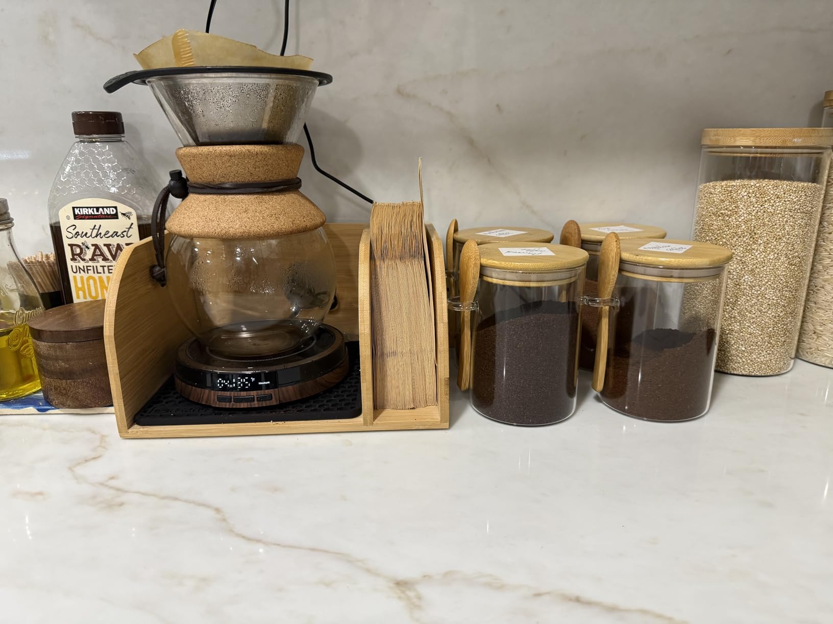HEXNUB Bamboo Caddy for Pour Over Coffee Maker, Fits Chemex, Bodum, Cosori, Heatproof Mat, Filter Holder customer photo 2