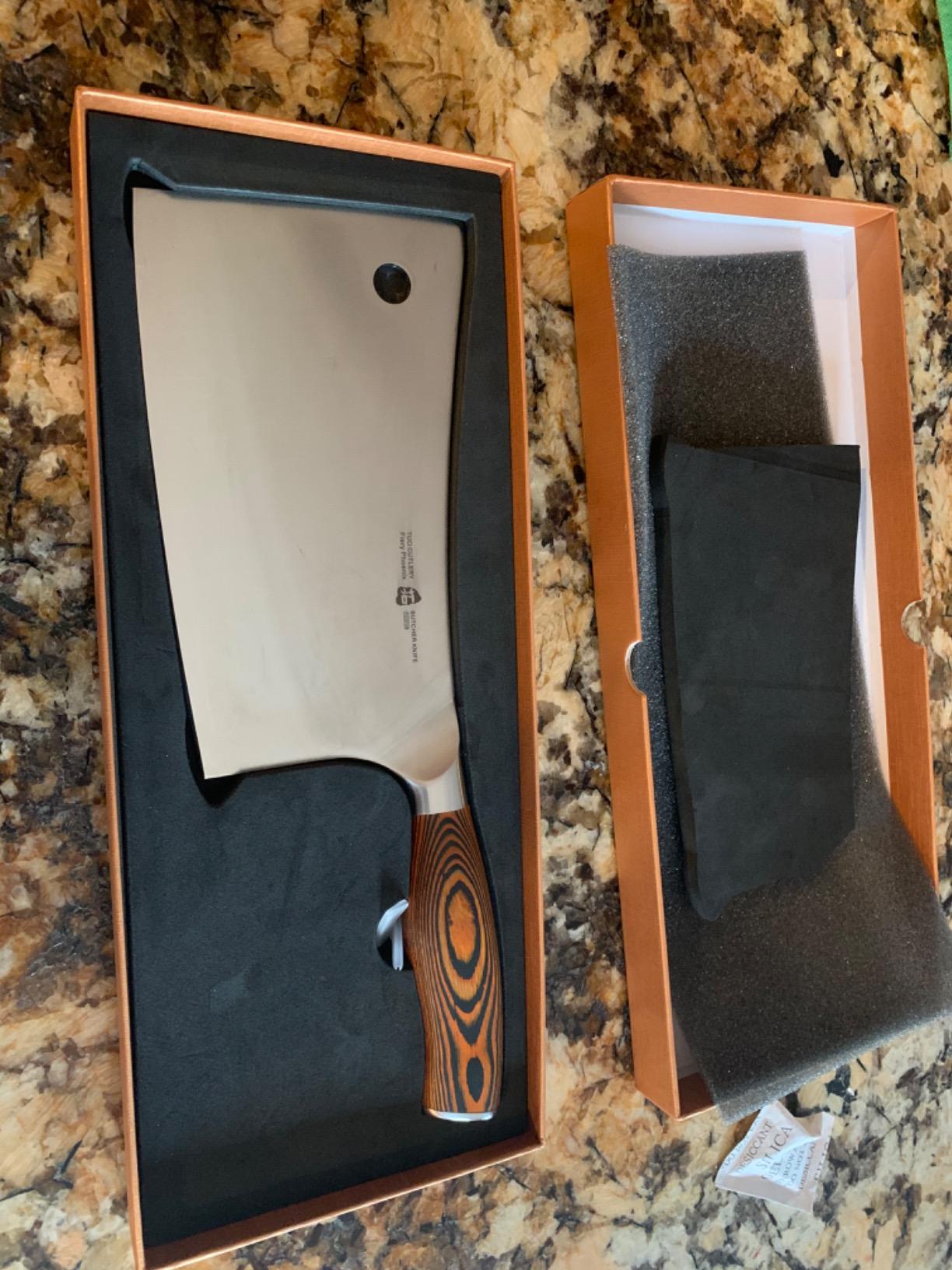 TUO Meat Cleaver, 7 inch Heavy Duty Bone Chopper, High Carbon German Stainless Steel Butcher Knife, Pakkawood Handle Kitchen Chopping Knife with Gift Box - Fiery Phoenix Series customer photo 1