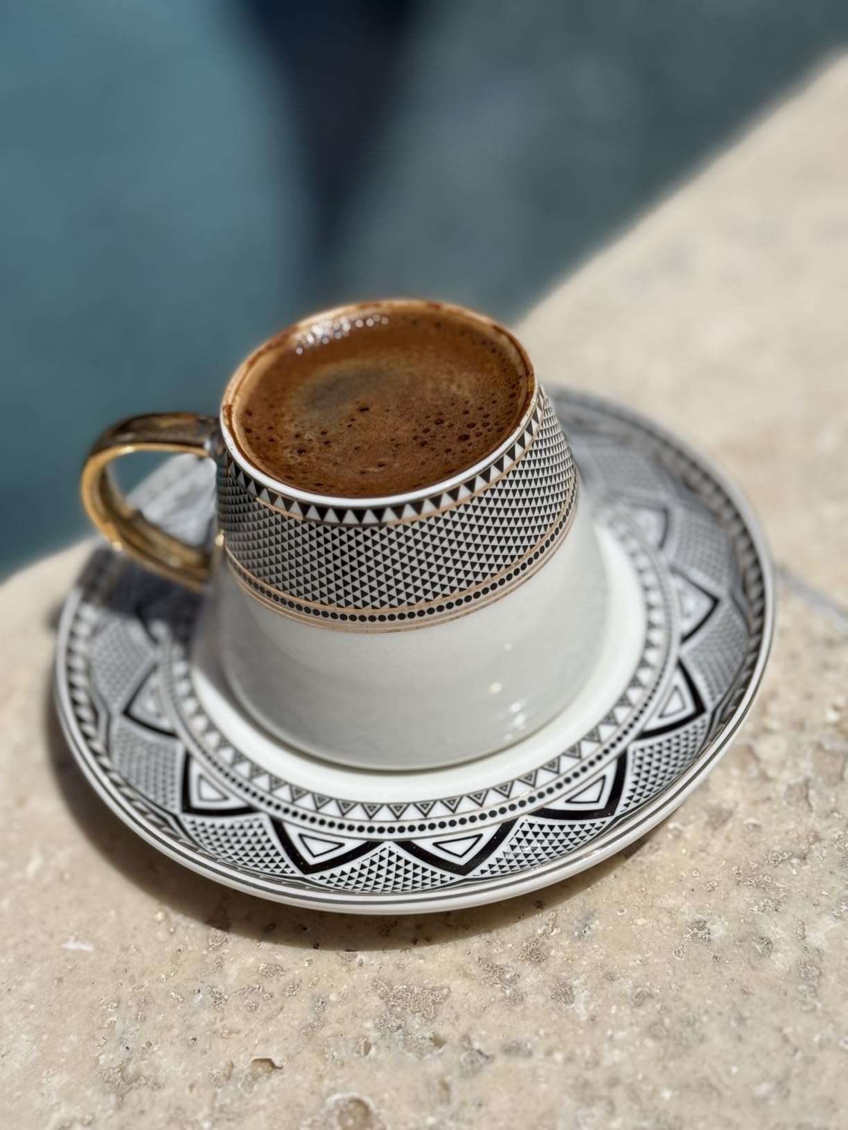 KARACA Globe Turkish Coffee Cup Set of 6, 80ml, 2.7 oz, Small Espresso Cups with Saucers, Porcelain, Black Patterns, and Gold Handles, Ideal for Serving Greek, Arabic Coffee customer photo 1