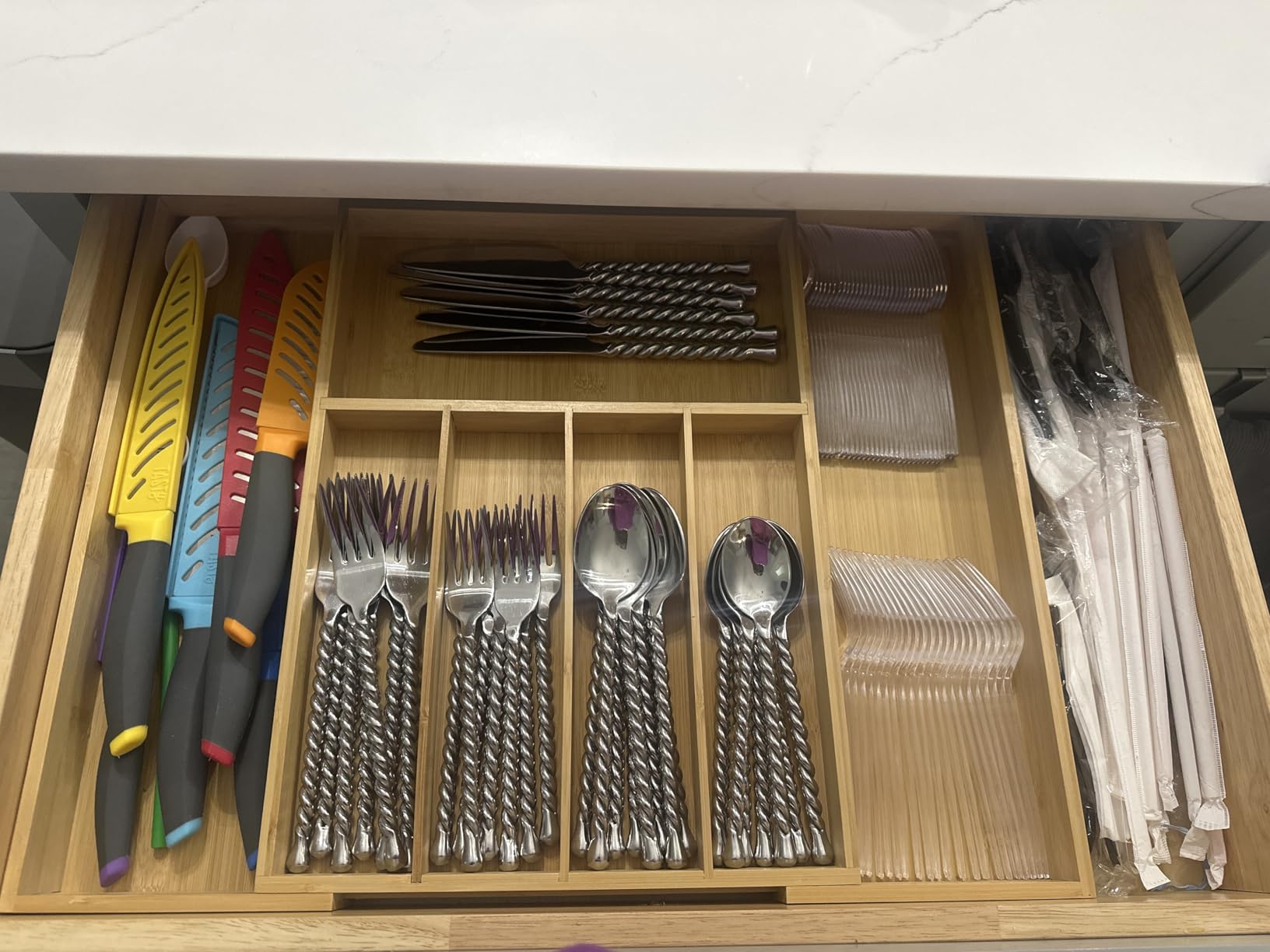 VaeFae Bamboo Silverware Drawer Organizer Kitchen, Expandable Utensil Organizer with Knife Block, Cutlery Tray with Divider, Multifunctional Drawer Organizer customer photo 1