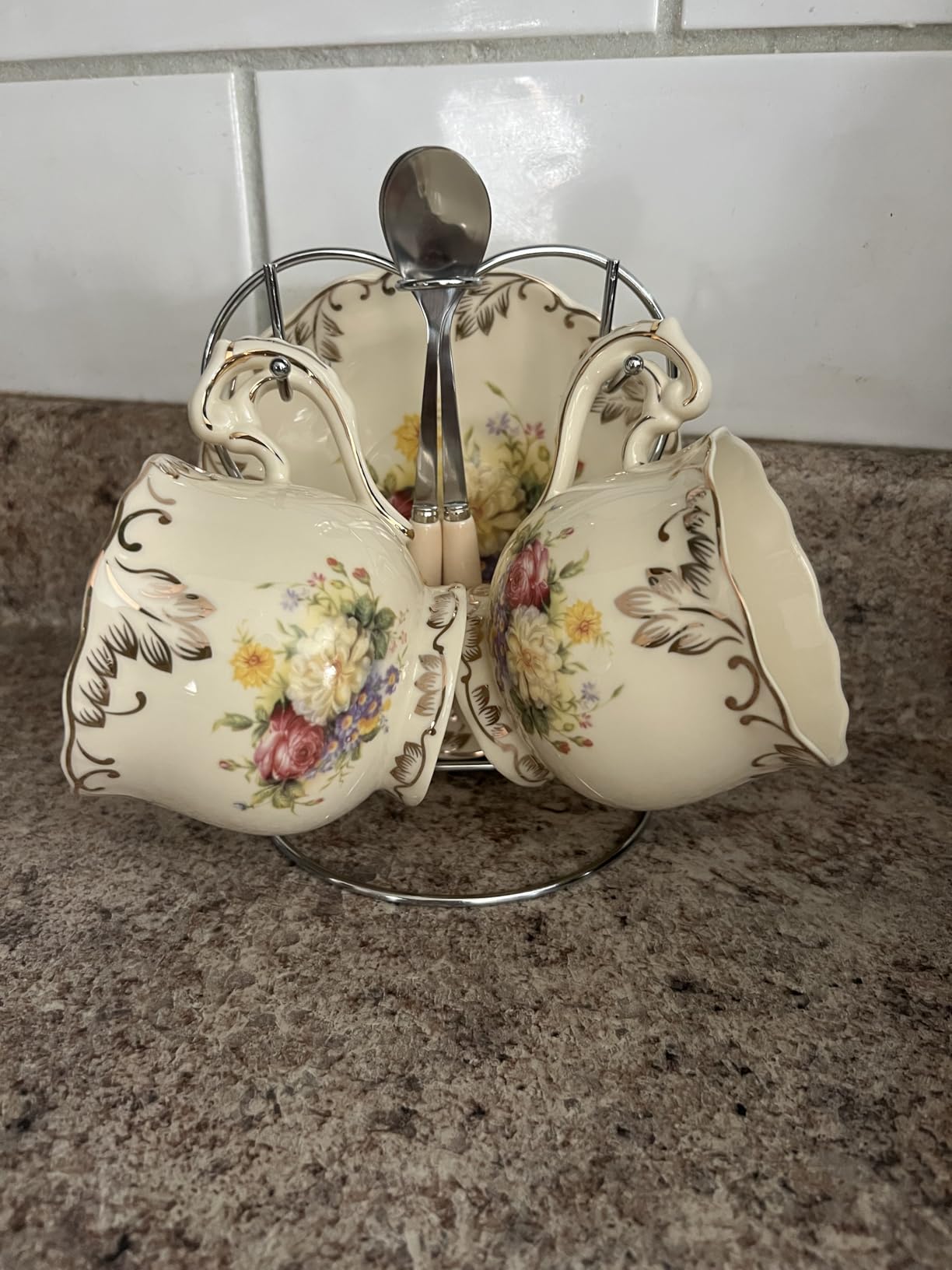 YOLIFE Tea Cups and Saucers Set of 2, Porcelain Floral Tea Cups Set with Holder, Fancy Vintage Teacups 8 oz customer photo 1