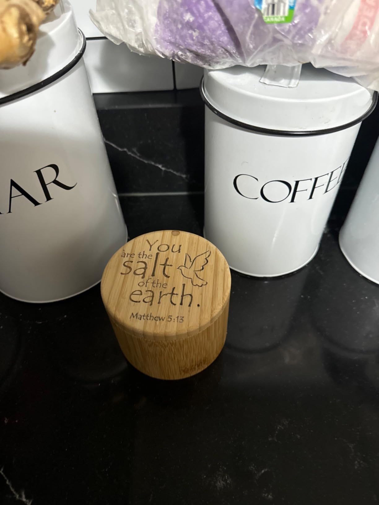 Totally Bamboo Salt Cellar Bamboo Storage Box with Magnetic Swivel Lid, 6 Ounce Capacity, You are the Salt of the Earth Matthew 5:13 Engraved on Lid customer photo 1