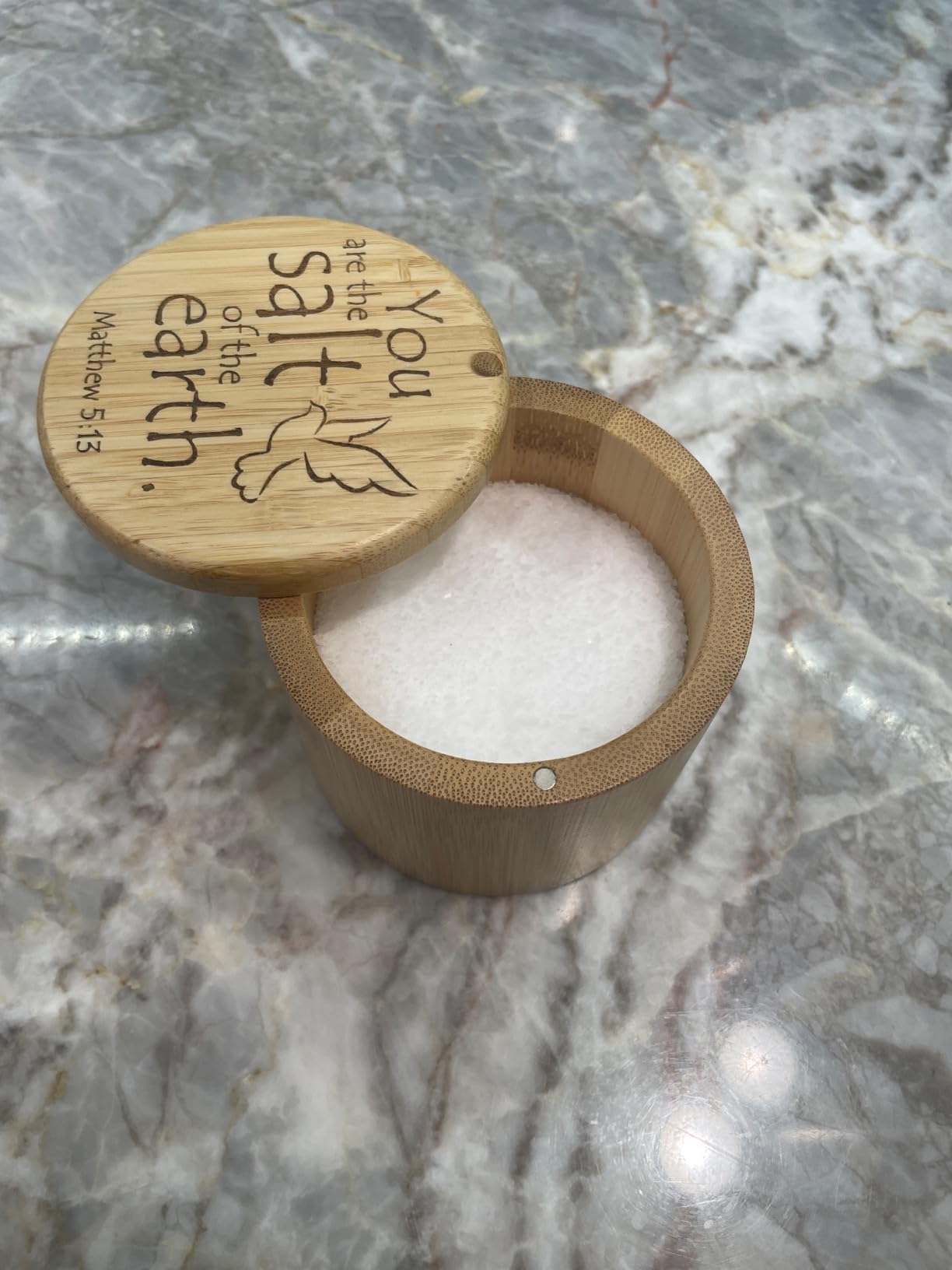 Totally Bamboo Salt Cellar Bamboo Storage Box with Magnetic Swivel Lid, 6 Ounce Capacity, You are the Salt of the Earth Matthew 5:13 Engraved on Lid customer photo 2