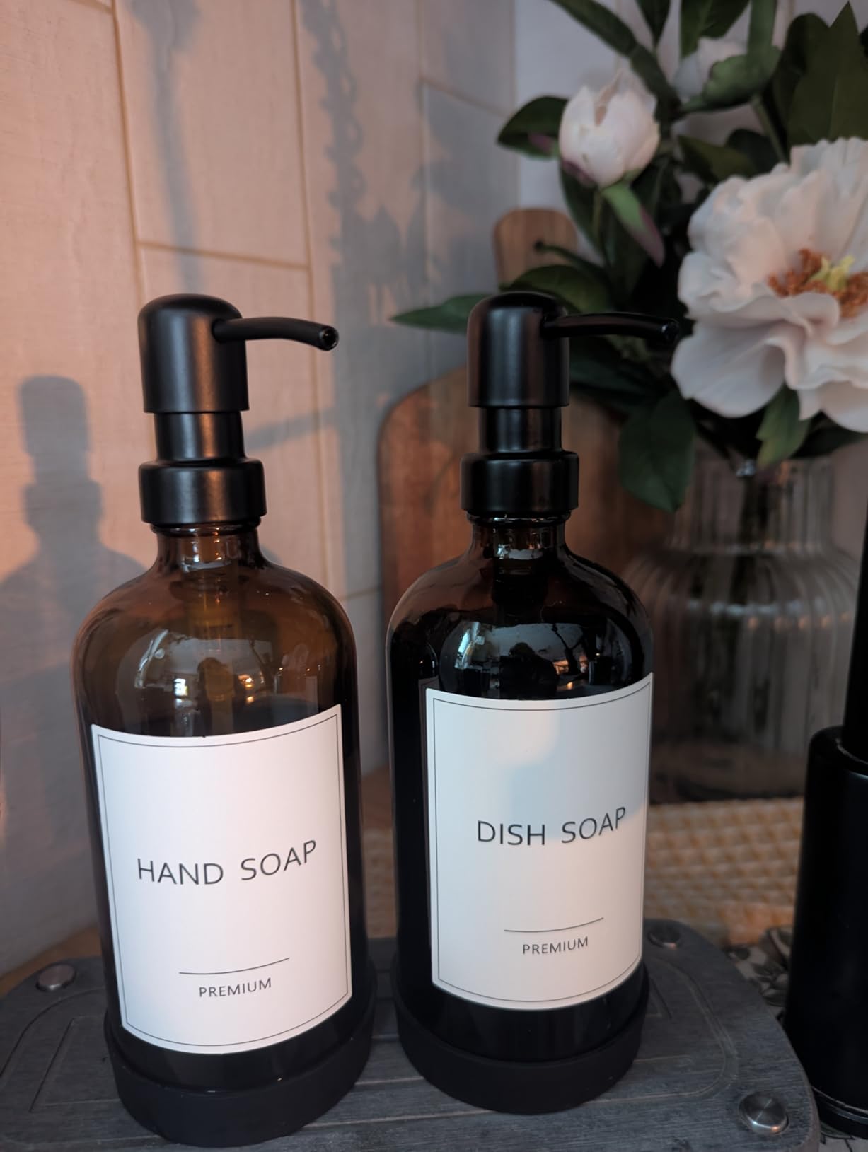 GMISUN Amber Glass Soap Dispenser, 2 Pack Bathroom Hand Soap Dispensers with Stainless Steel Pump, 17 Fl Oz Kitchen Hand and Dish Soap Dispenser Set, Modern Vintage Liquid Brown Soap Dispensers Bottle customer photo 1