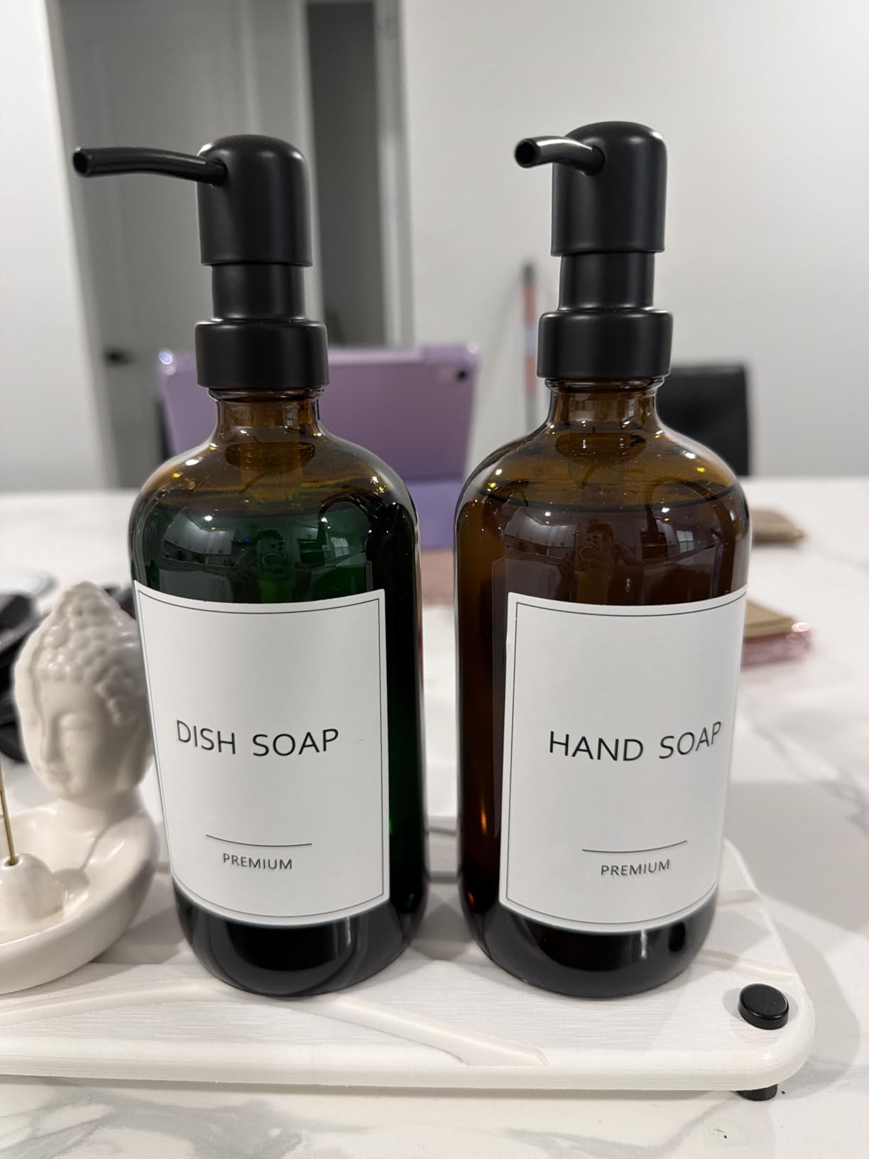 GMISUN Amber Glass Soap Dispenser, 2 Pack Bathroom Hand Soap Dispensers with Stainless Steel Pump, 17 Fl Oz Kitchen Hand and Dish Soap Dispenser Set, Modern Vintage Liquid Brown Soap Dispensers Bottle customer photo 2