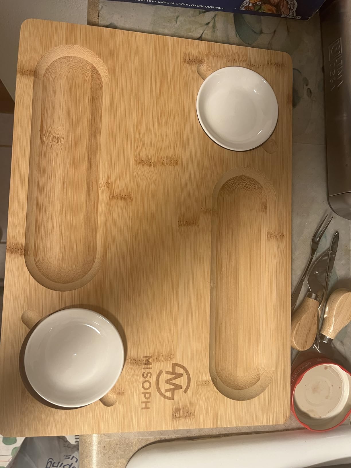 Bamboo Cheese Board with Knife, Bowl, Fork Set, Wood Charcuterie Platter & Food Serving Tray for Wine Glasses customer photo 1