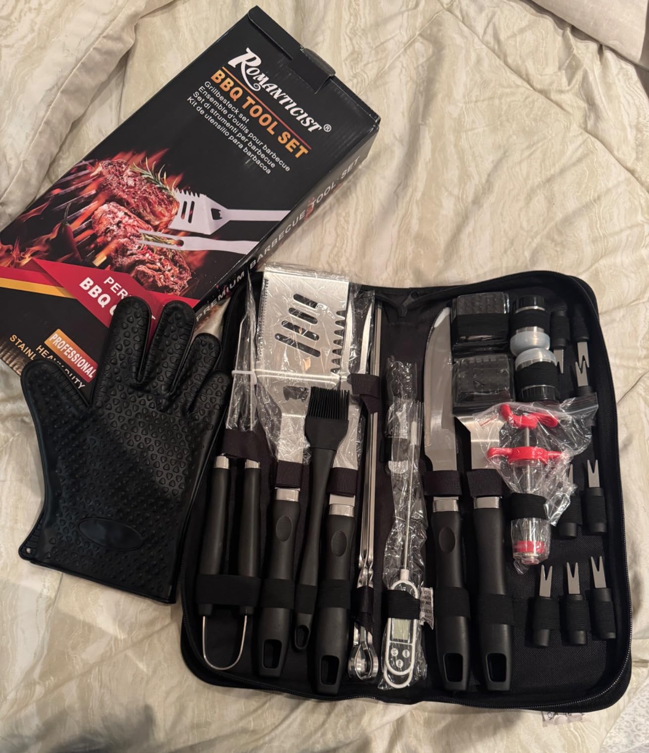 ROMANTICIST 27pcs Heavy Duty Grilling Gifts for Men Dad Fathers Day, Extra Thick BBQ Accessories Tools Set, Stainless Steel Grill Utensils Kit with Meat Claws,Canvas Bag for Outdoor Camping Brown customer photo 1
