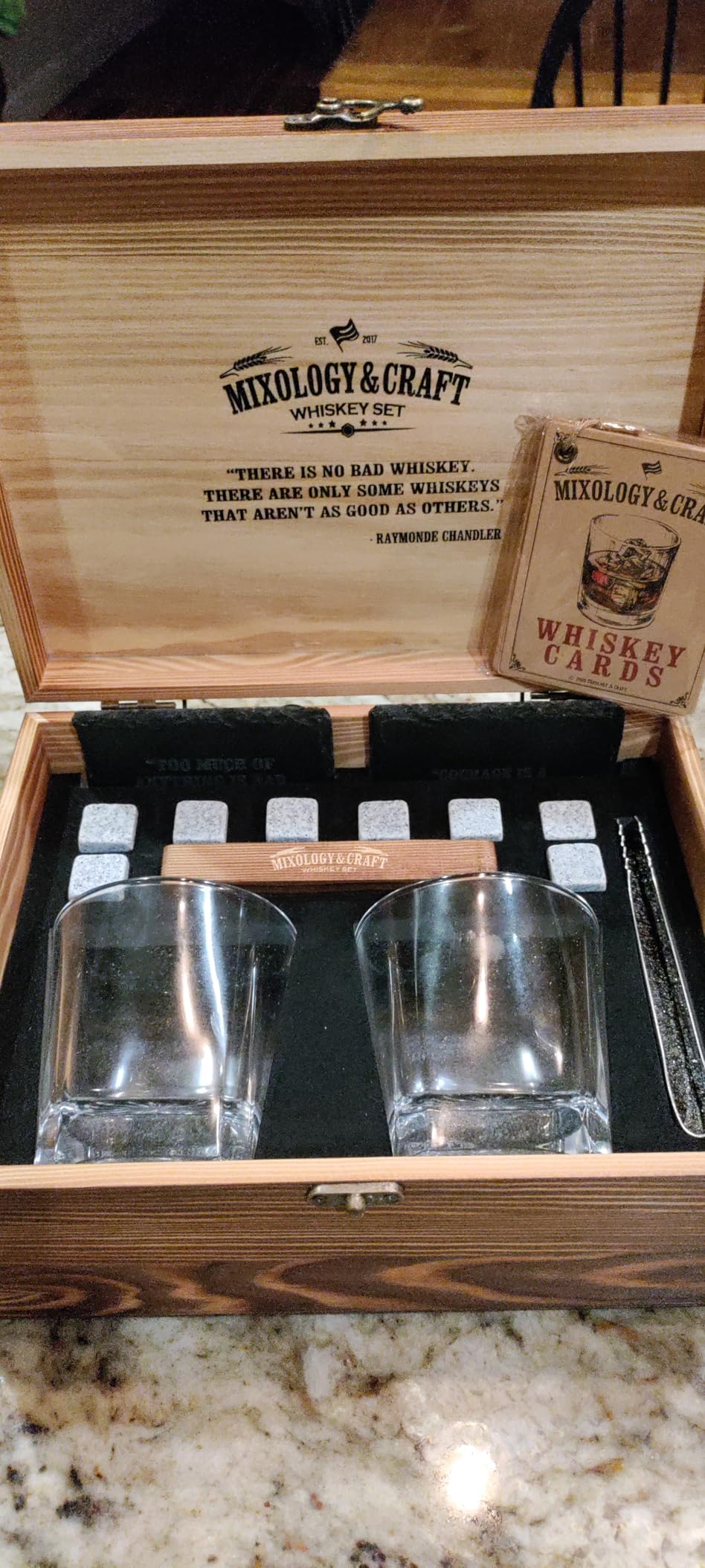 Mixology & Craft Whiskey Set Gifts - 2 Crystal Glass, 8 Granite Chilling Ice Cubes & Slate Coasters | Perfect Stones Gift Set for Whiskey Lovers customer photo 1