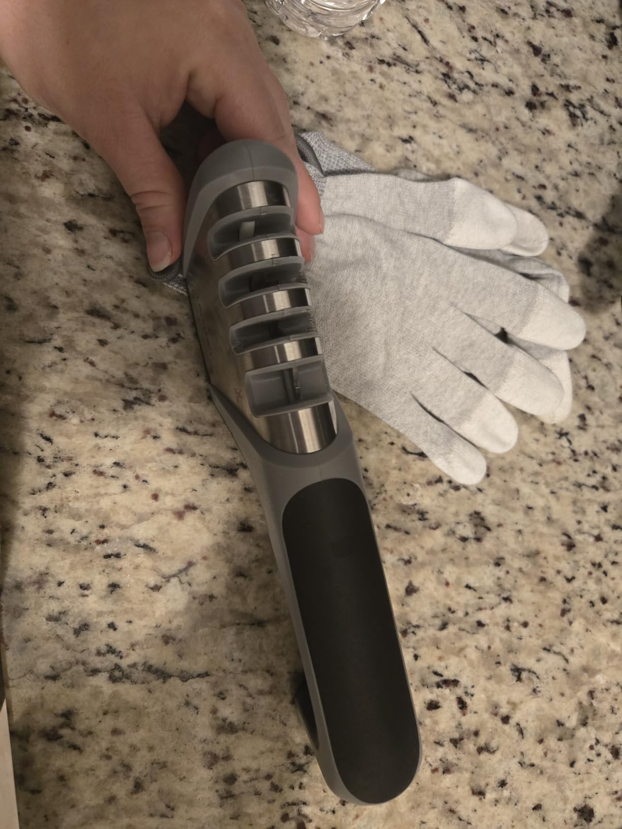 Longzon 5-in-1 Knife Sharpener [4 Stage] with a Pair of Cut-Resistant Glove, Original Premium Polish Blades, Best Kitchen Knife Sharpener Works for Fruit and Steel Knives, Scissors (Black+Silver) customer photo 1