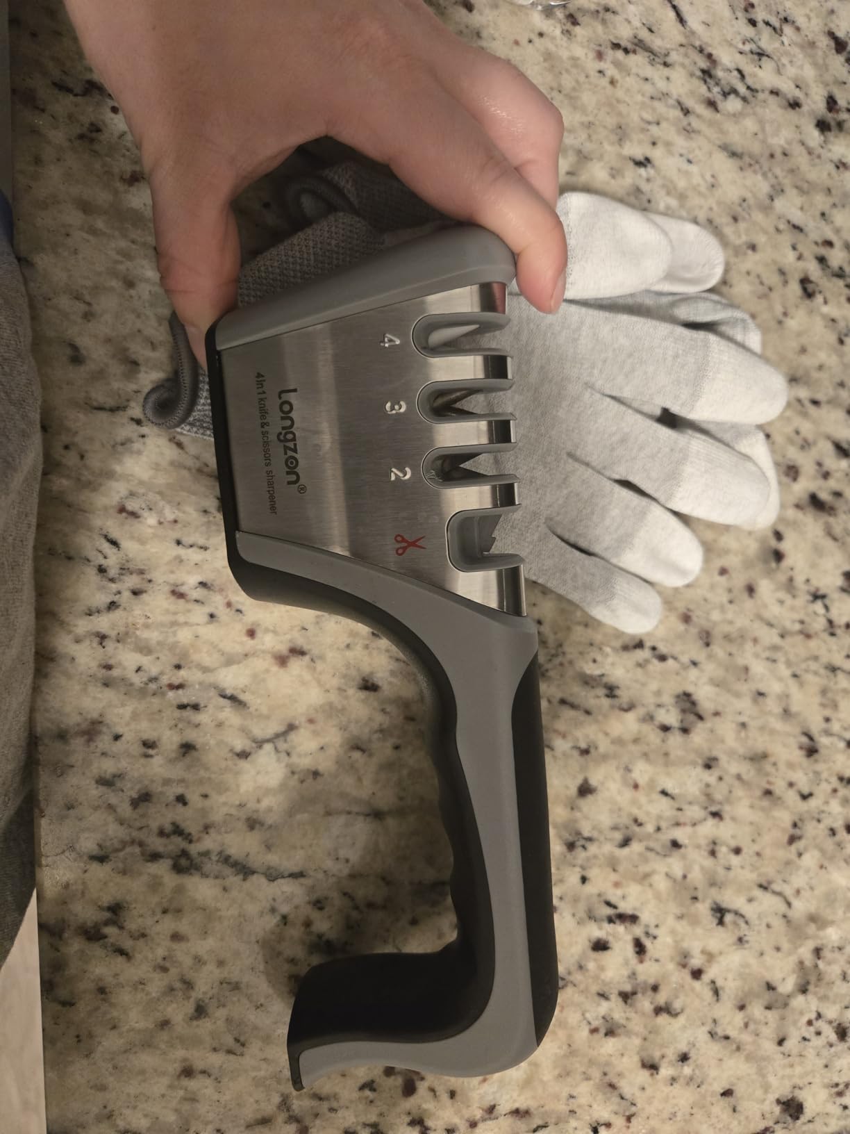 Longzon 5-in-1 Knife Sharpener [4 Stage] with a Pair of Cut-Resistant Glove, Original Premium Polish Blades, Best Kitchen Knife Sharpener Works for Fruit and Steel Knives, Scissors (Black+Silver) customer photo 2