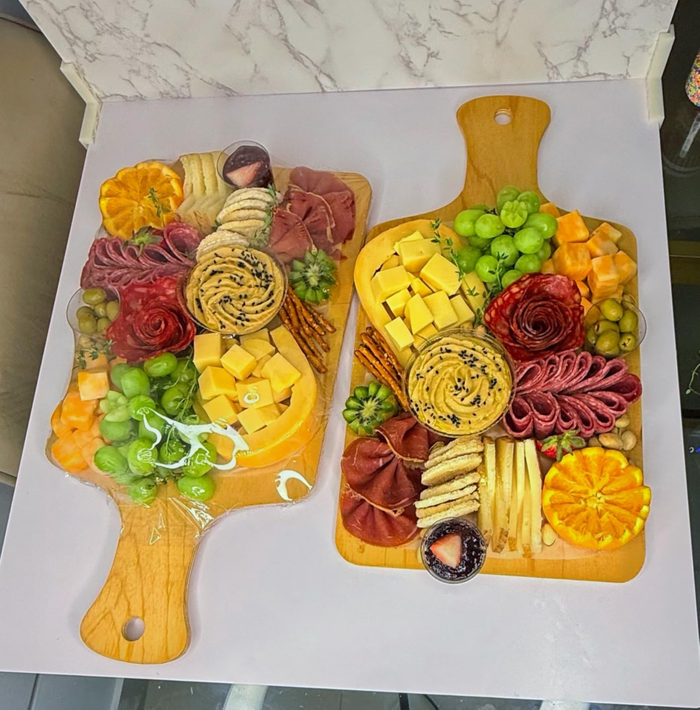 2 PCS Boards Photo Backdrop for Flat Lay, Food Photography Background 24x24 Inch, BEIYANG (Black Walnut+Dark Gray) customer photo 2
