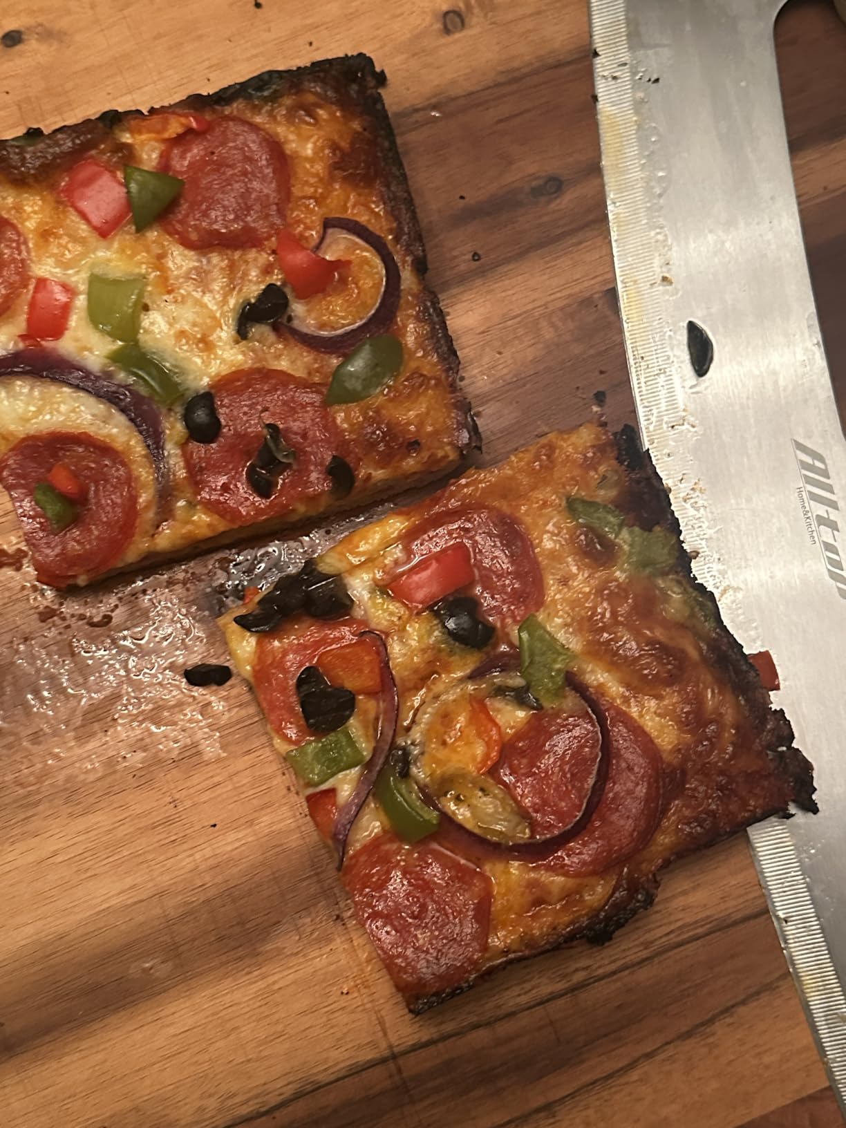 ALLTOP Pizza Cutter Rocker,Stainless Steel Blade Knife With Double Wooden Handle & Plastic Cover, Large Pizza Slicer/Chopper, Essential Kitchen Tool -14 In customer photo 1